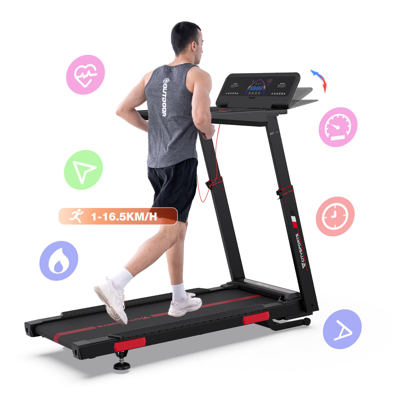 Tapis Roulant CITYSPORTS Nero Inclinazione 16,5km/h-APP- Sistema AI 6/7