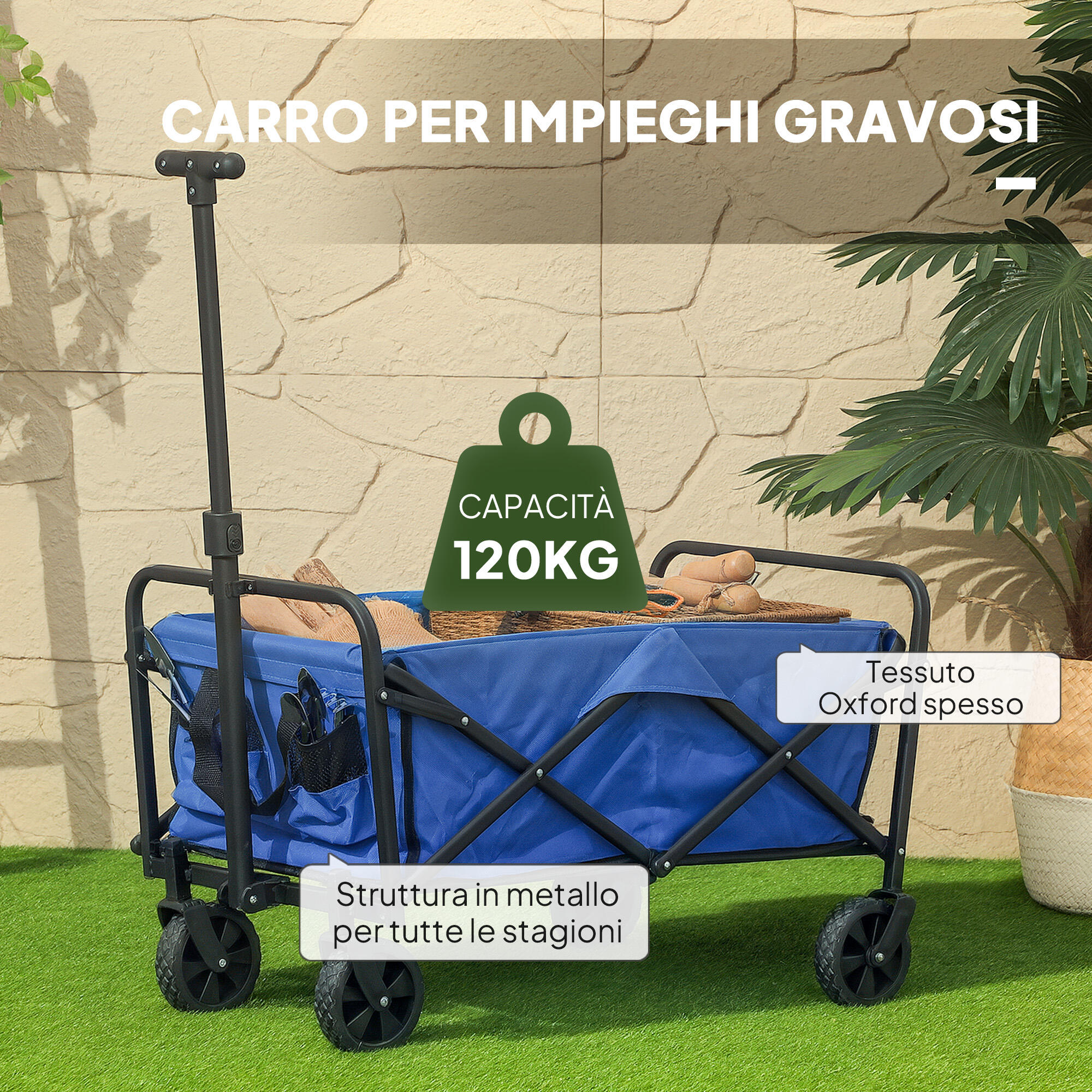 Outsunny Carrello da Esterno 62L Pieghevole con Manico Regolabile Blu 5/7