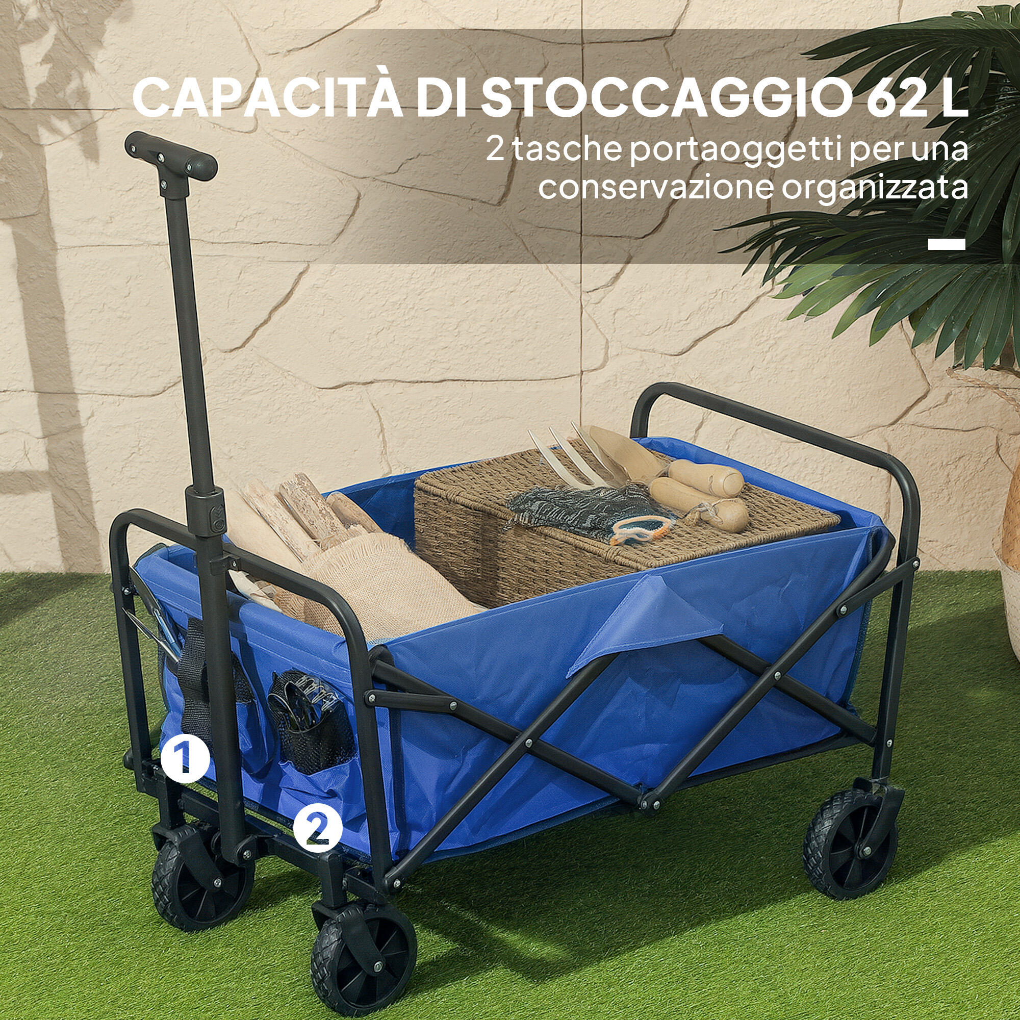 Outsunny Carrello da Esterno 62L Pieghevole con Manico Regolabile Blu 4/7