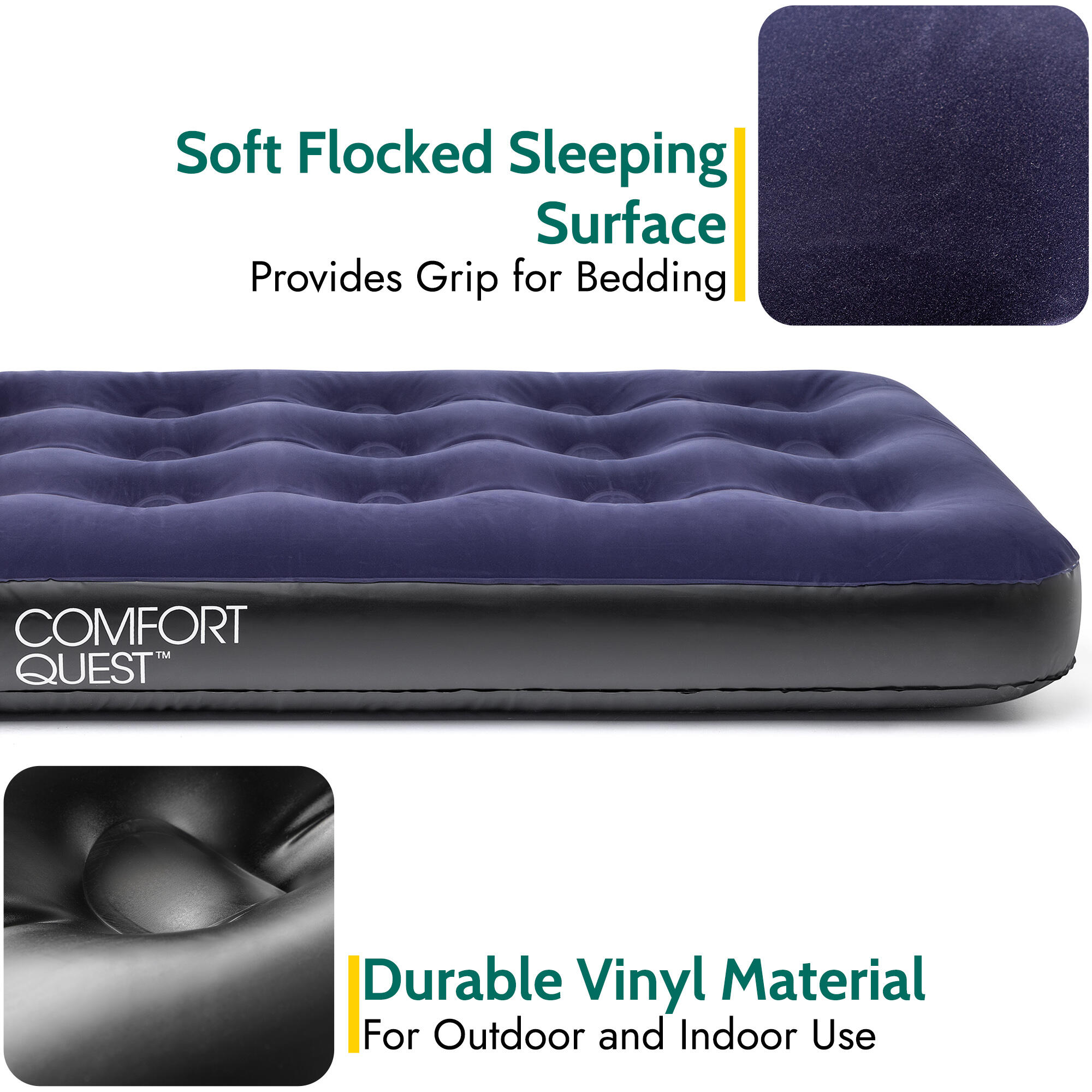 Single Air Bed Inflatable Airbed Flocked Camping Guest Mattress Comfort ...