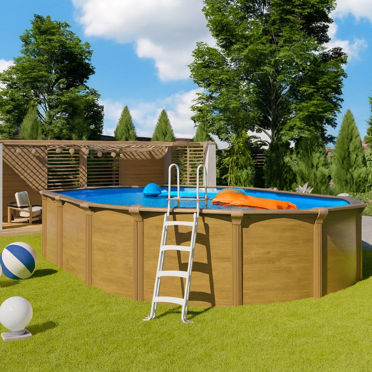 Piscine hors sol acier ovale 7,60 x 4,55 x 1,32 m aspect bois OSMOSE 2/7