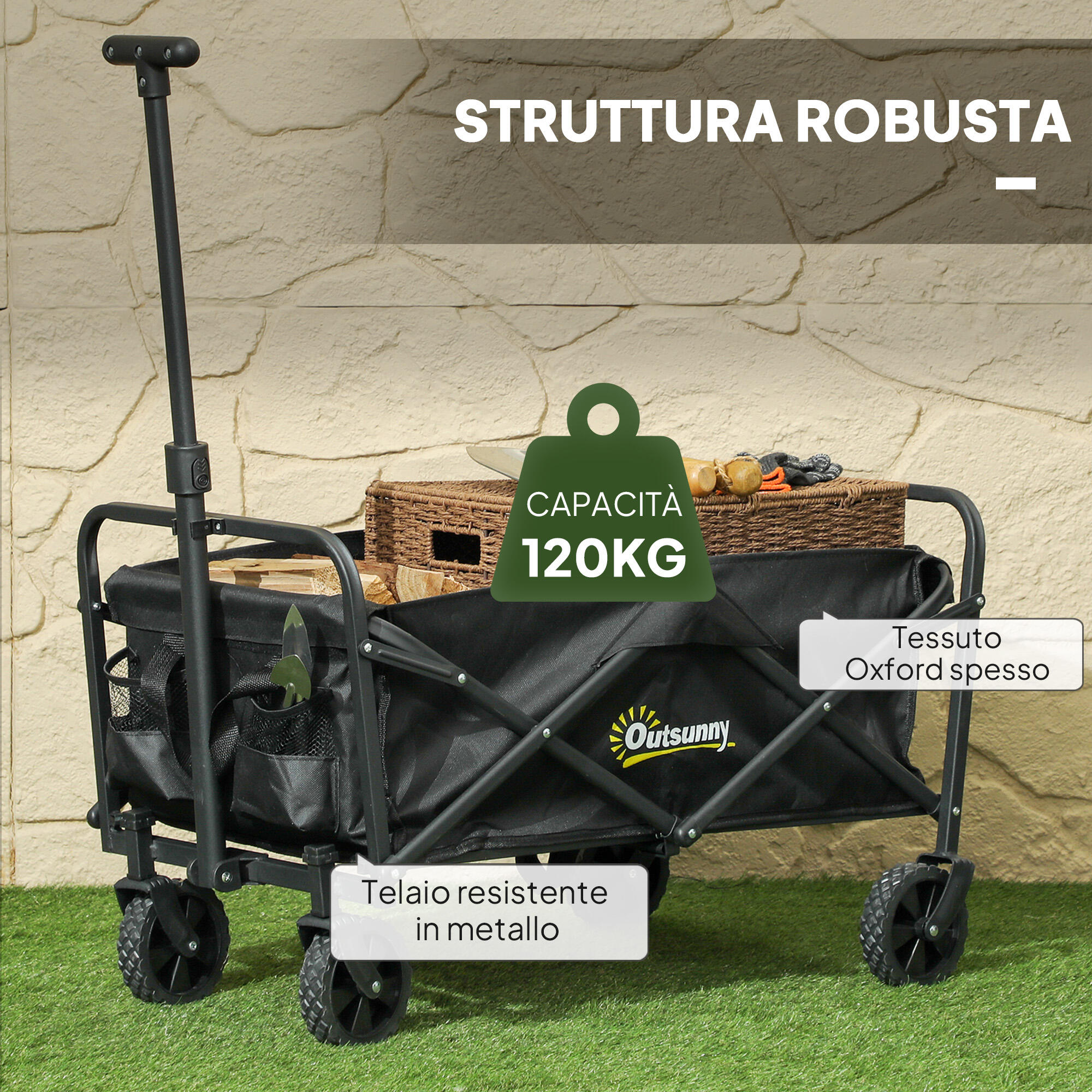 Outsunny Carrello da Esterno 62L Pieghevole con Manico Regolabile Nero 5/7