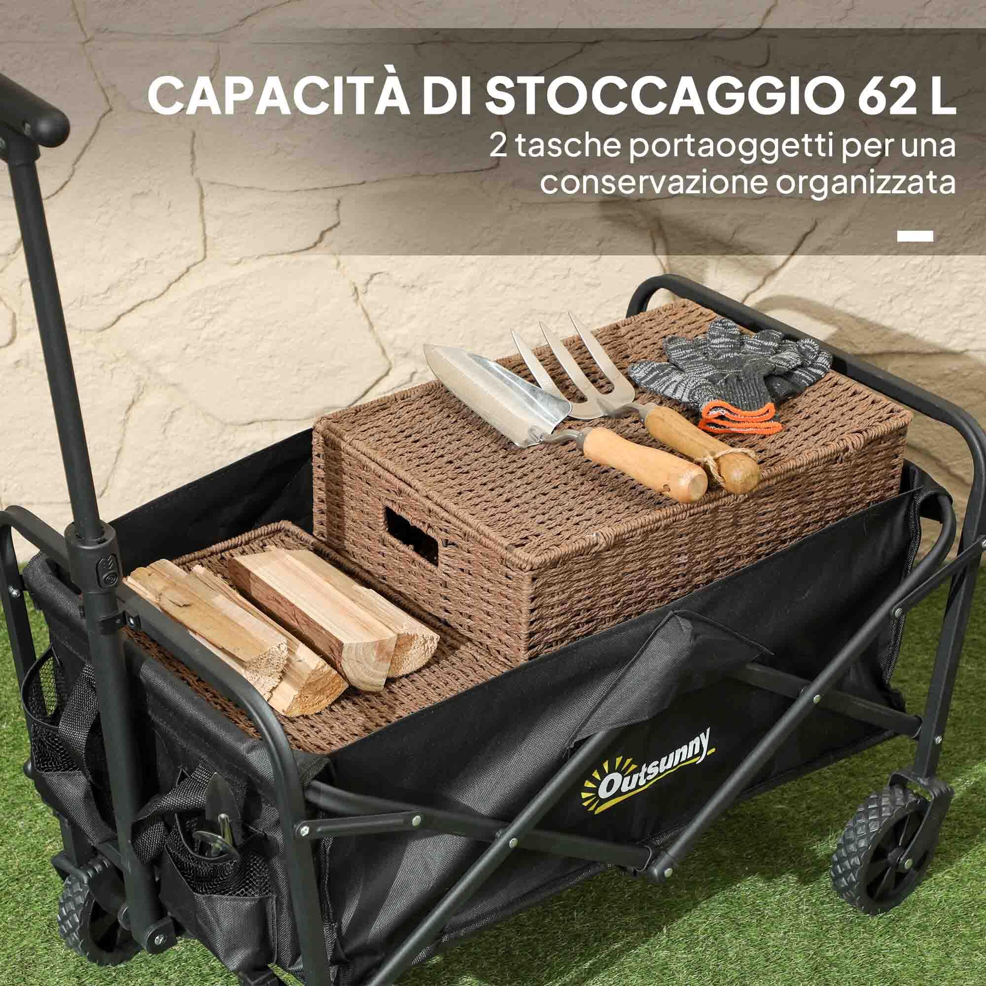 Outsunny Carrello da Esterno 62L Pieghevole con Manico Regolabile Nero 4/7