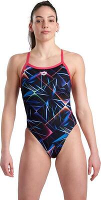 Arena allover challenge back one piece swimsuit blue pink