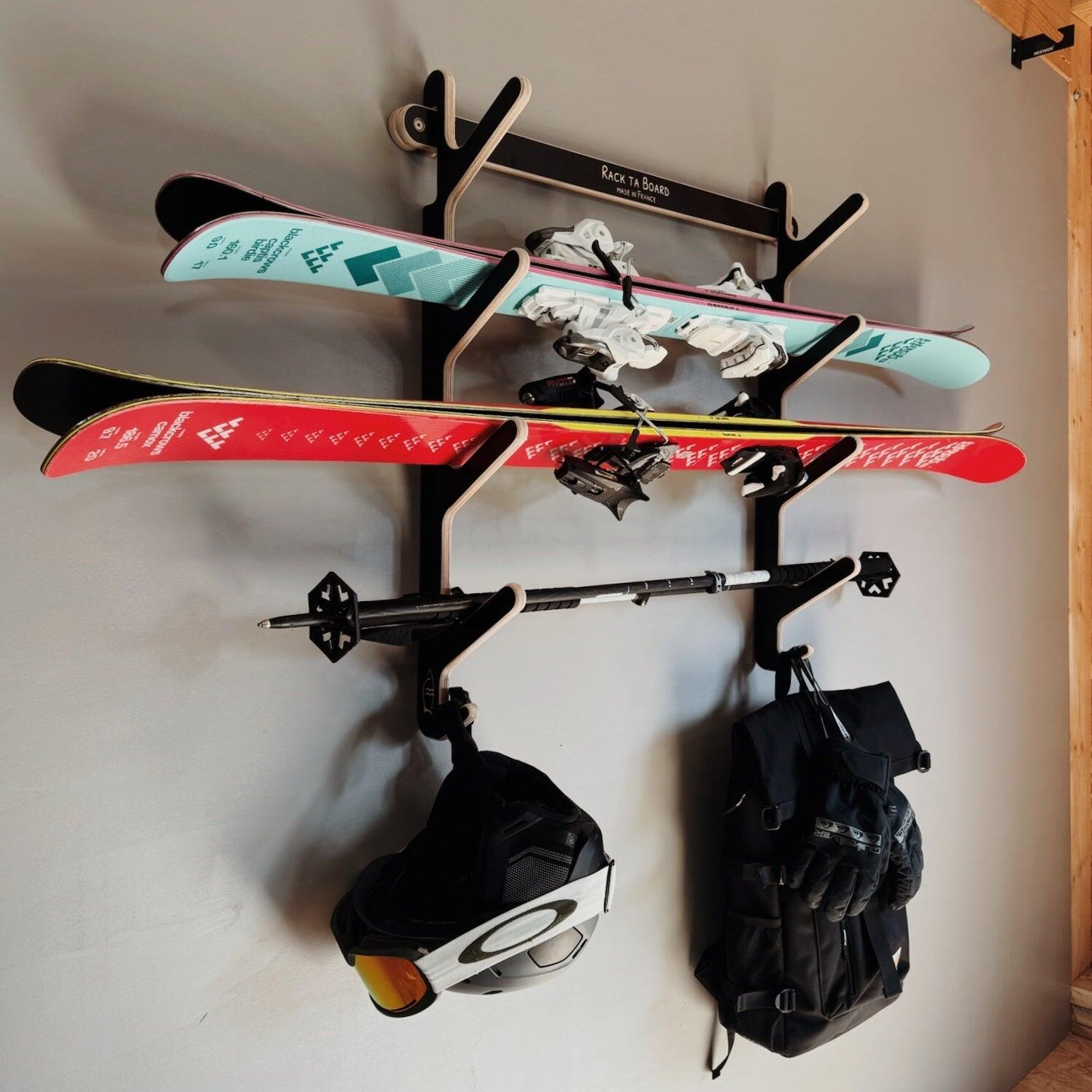 Rack mural skis 4 paires bois – support ski mural horizontal – rangement ski 2/4
