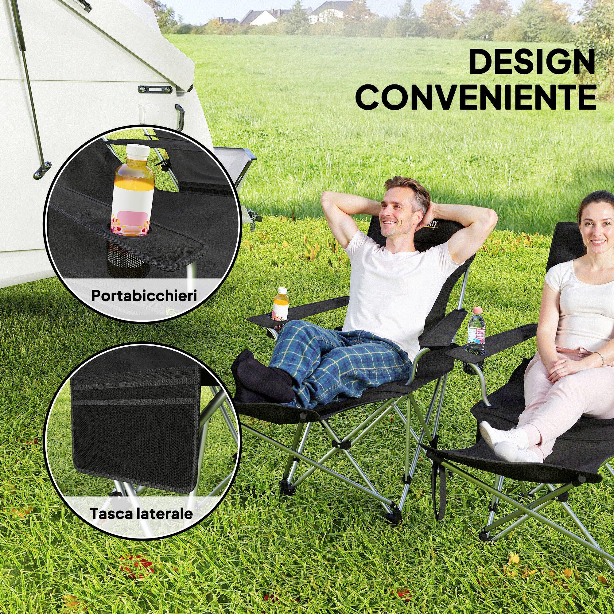 Outsunny Set 2 Sedie da Campeggio Pieghevoli Poggiapiedi e Portabicchieri Nero 5/7
