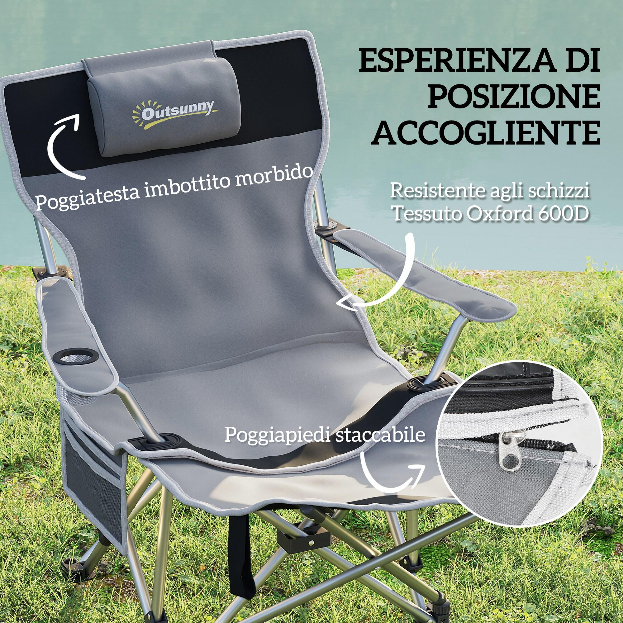 Outsunny Sedia da Campeggio Pieghevole Poggiapiedi Rimovibile Poggiatesta Grigio 4/7