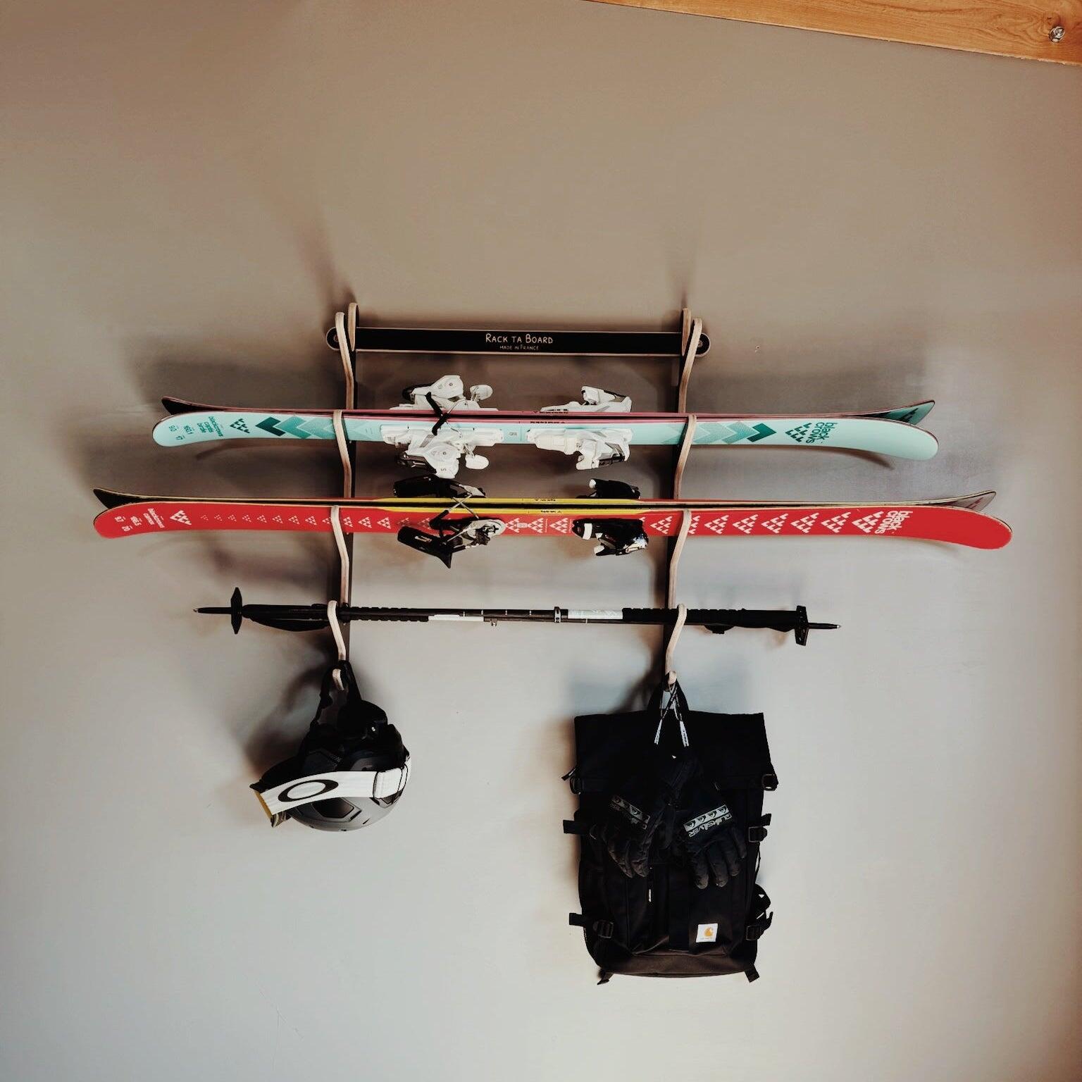 Rack mural skis 2 paires bois – support ski mural horizontal – rangement skis 2/4