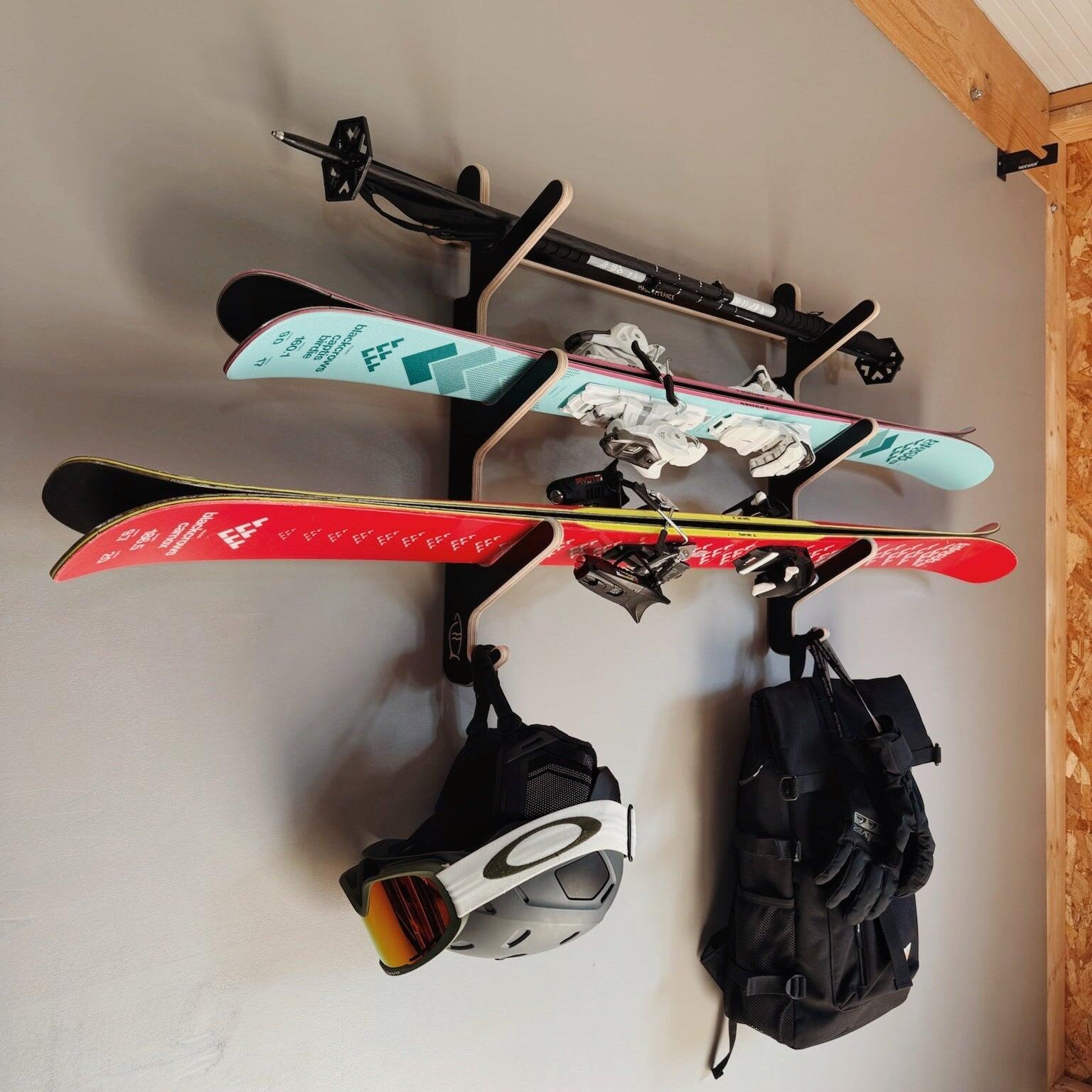 Rack mural skis 3 paires bois – support ski mural horizontal – rangement skis 2/4