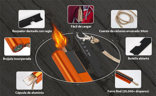 Pedernal Supervivencia Bushcraft Origin Outdoors 7en1 Naranja 20.000 Usos 7/7