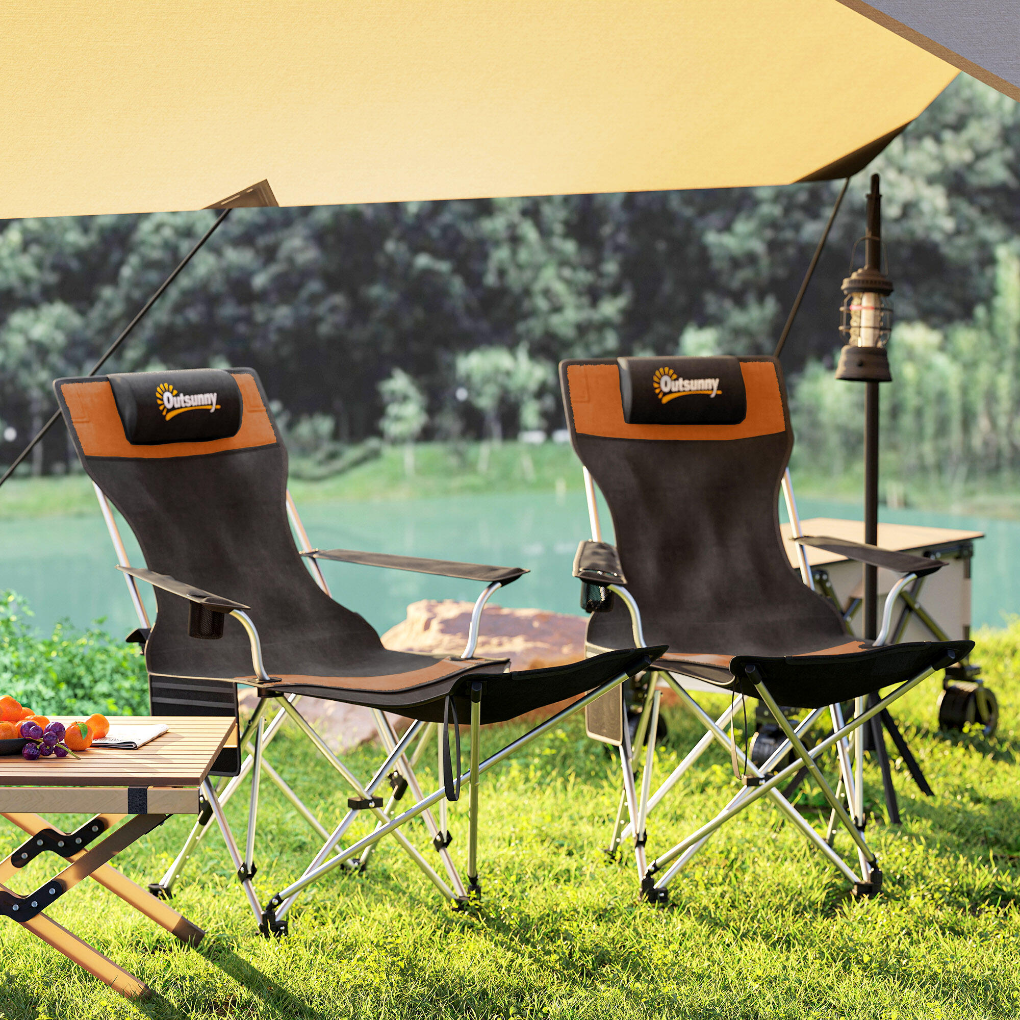 Outsunny Set 2 Sedie da Campeggio Pieghevoli Poggiapiedi Nero e Arancione 7/7