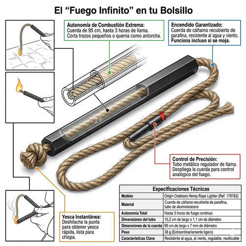 Encendedor Cuerda Cáñamo Supervivencia Origin Outdoors 3 Horas Impermeable 6/6