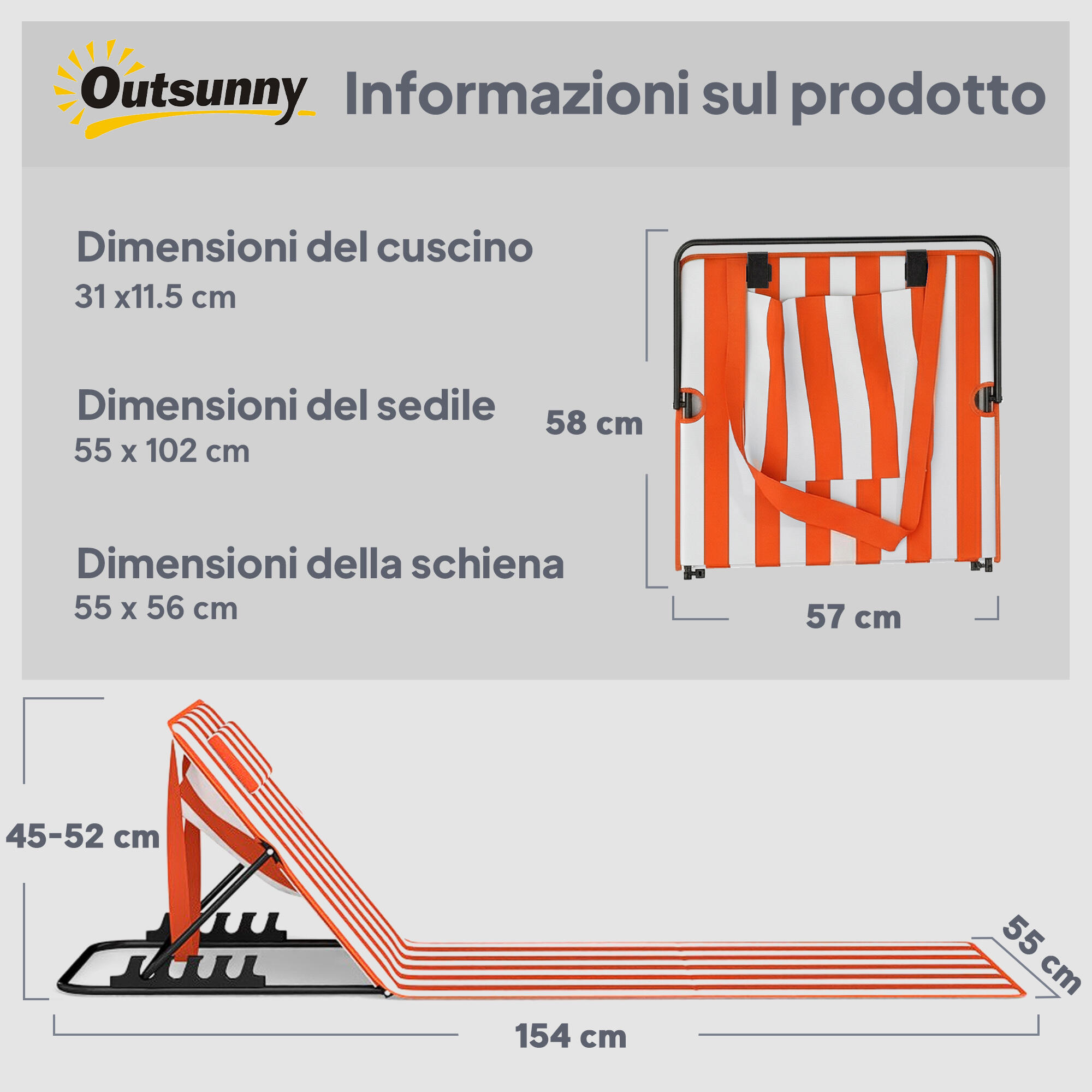 Outsunny Set 2 Lettini Spiaggia Pieghevoli, Schienale Regolabile, Arancione 3/7