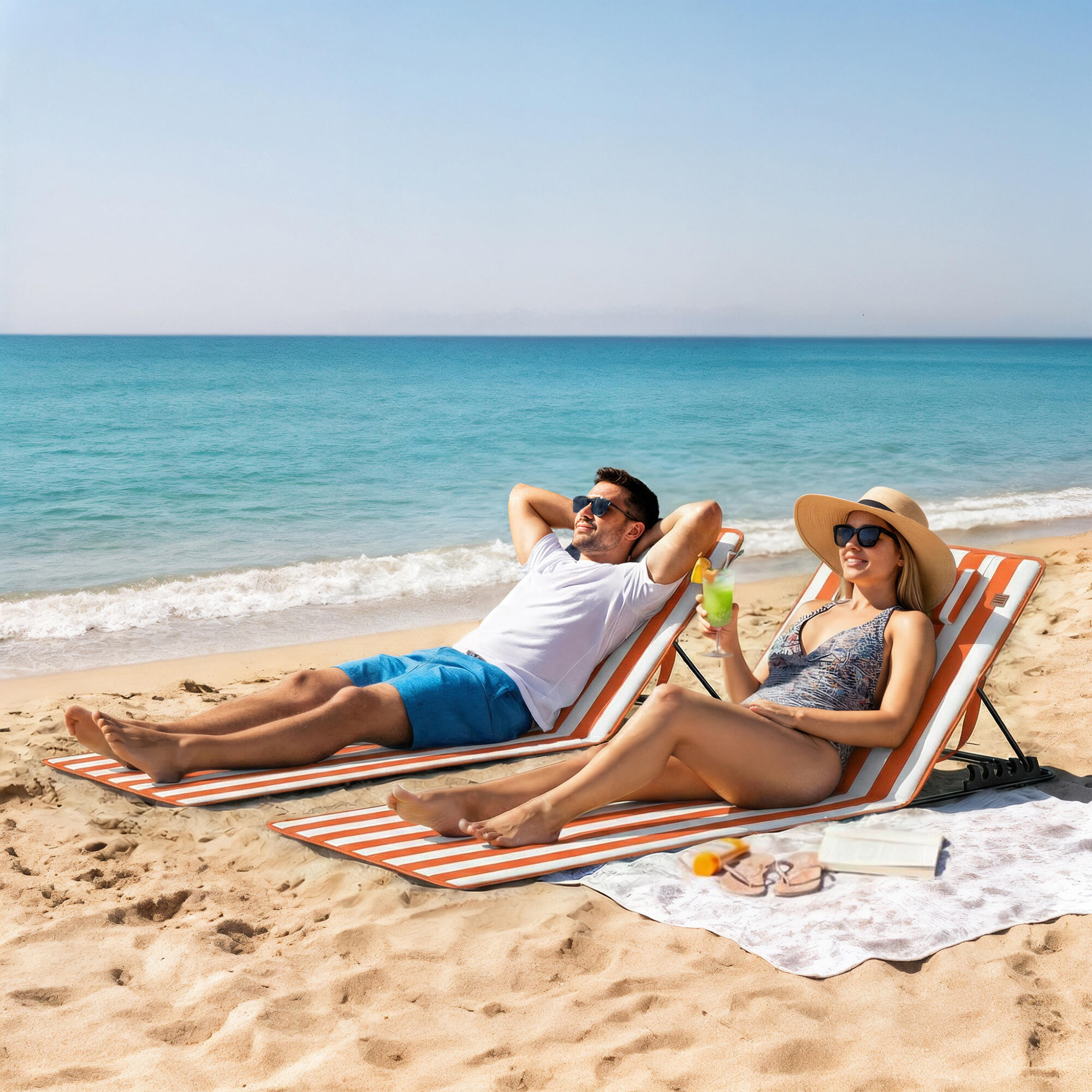 Outsunny Set 2 Lettini Spiaggia Pieghevoli, Schienale Regolabile, Arancione 2/7