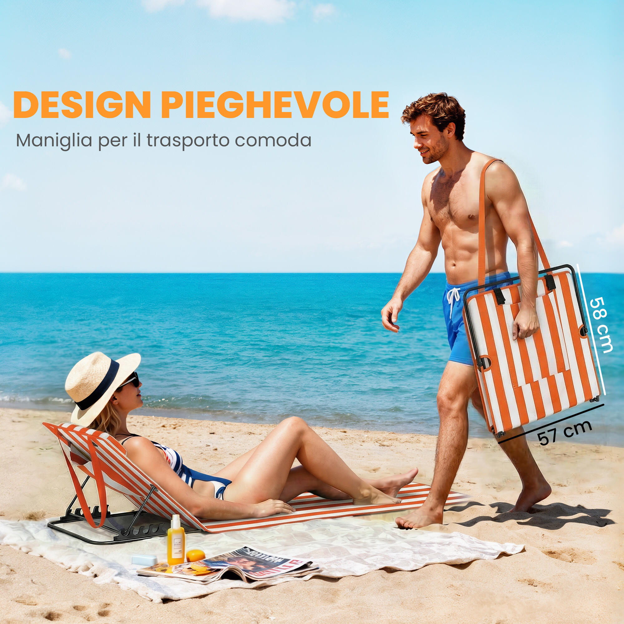 Outsunny Set 2 Lettini Spiaggia Pieghevoli, Schienale Regolabile, Arancione 6/7