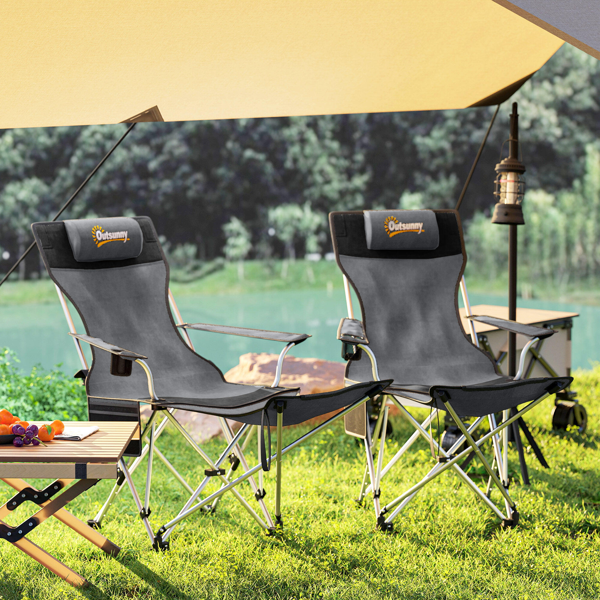 Outsunny Set 2 Sedie da Campeggio Pieghevoli Poggiapiedi e Portabicchieri Grigio 7/7