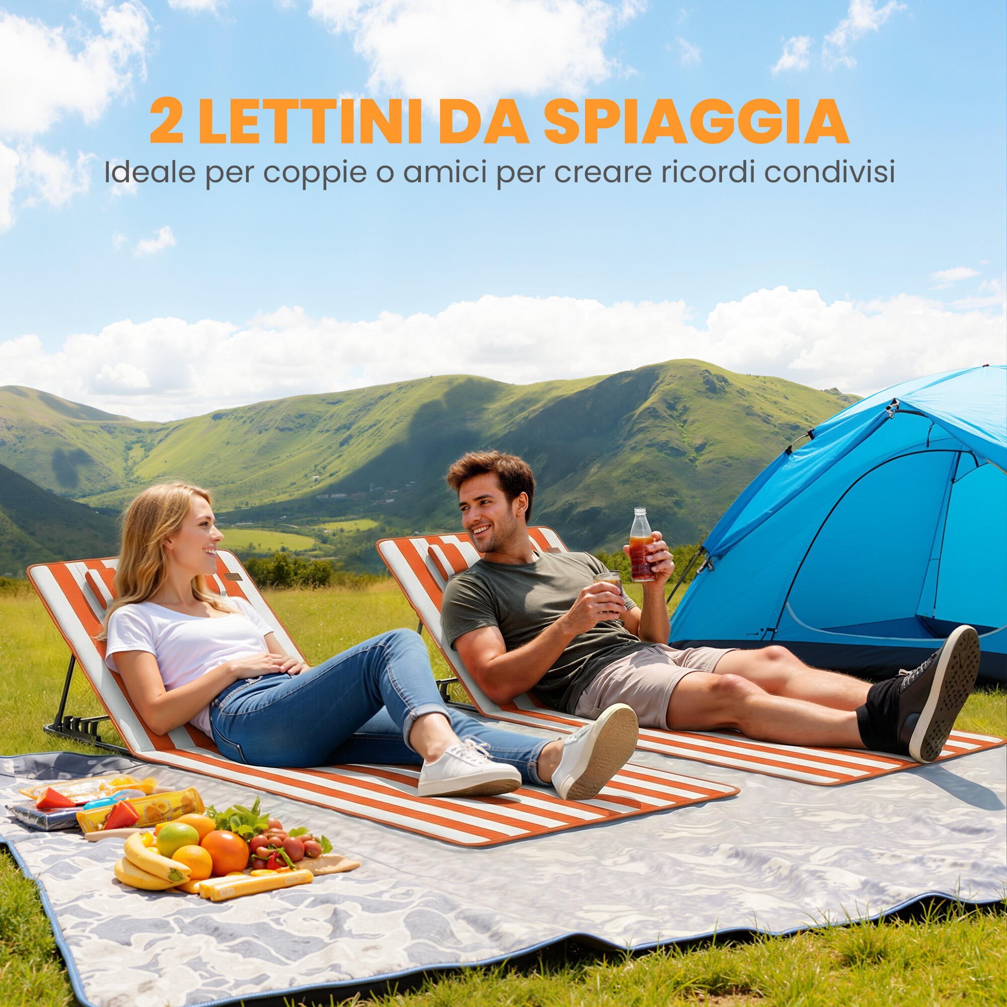 Outsunny Set 2 Lettini Spiaggia Pieghevoli, Schienale Regolabile, Arancione 5/7