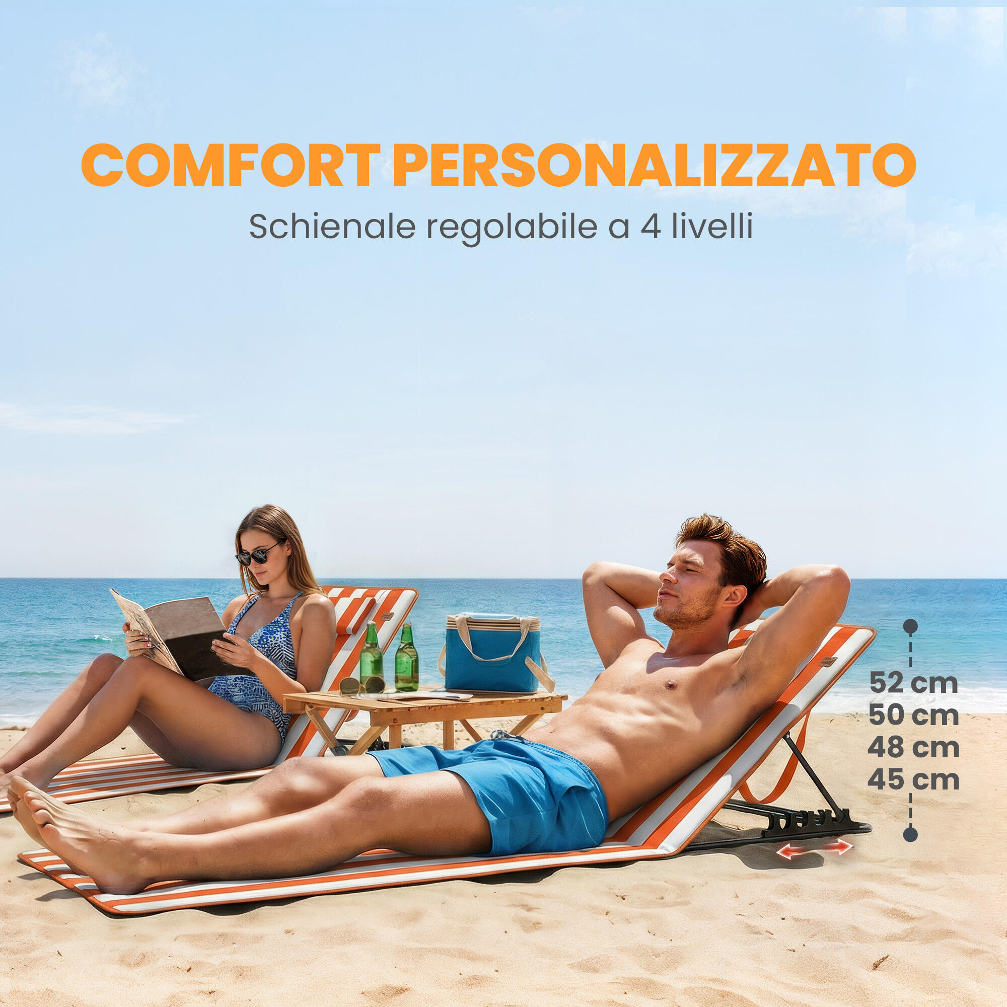 Outsunny Set 2 Lettini Spiaggia Pieghevoli, Schienale Regolabile, Arancione 4/7