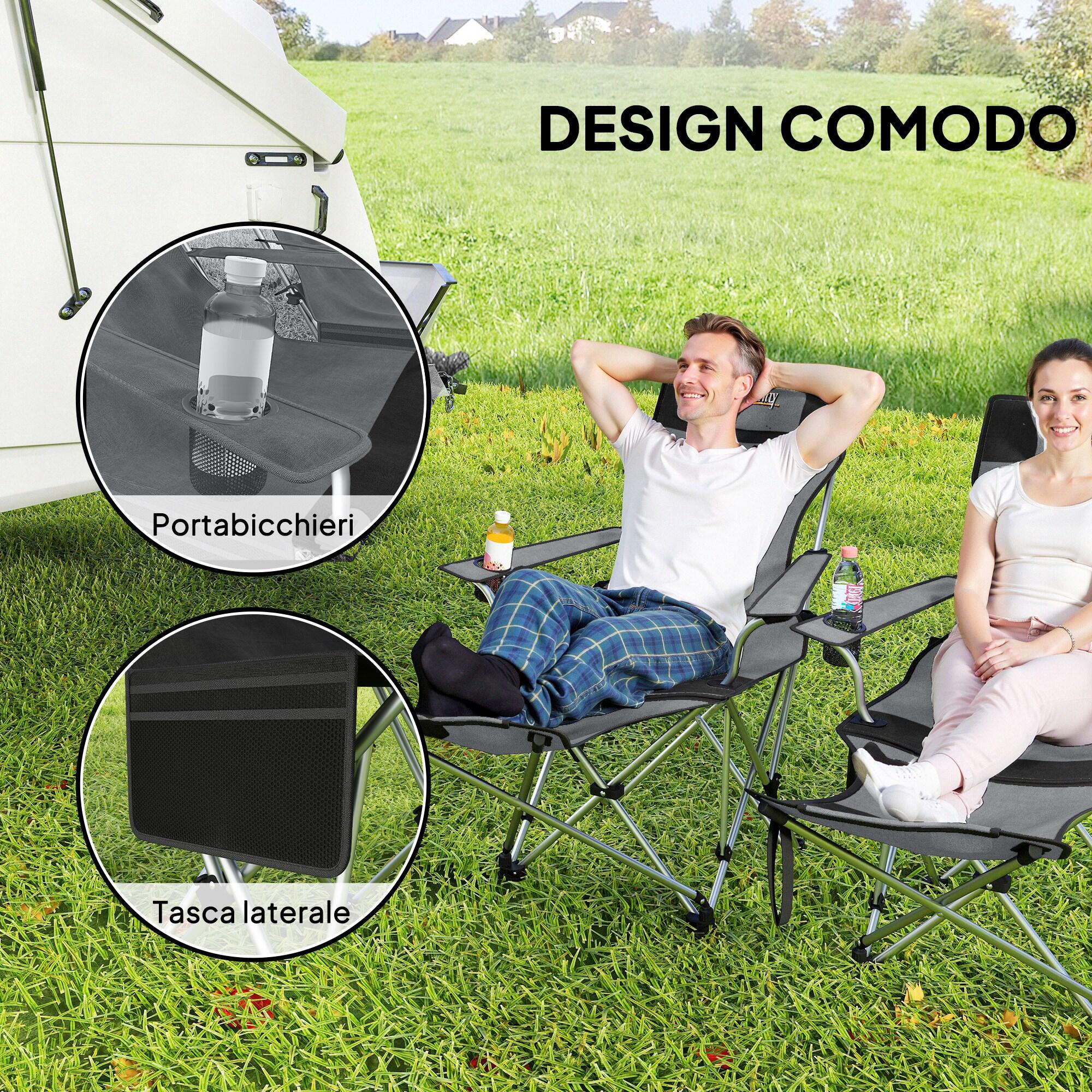 Outsunny Set 2 Sedie da Campeggio Pieghevoli Poggiapiedi e Portabicchieri Grigio 5/7