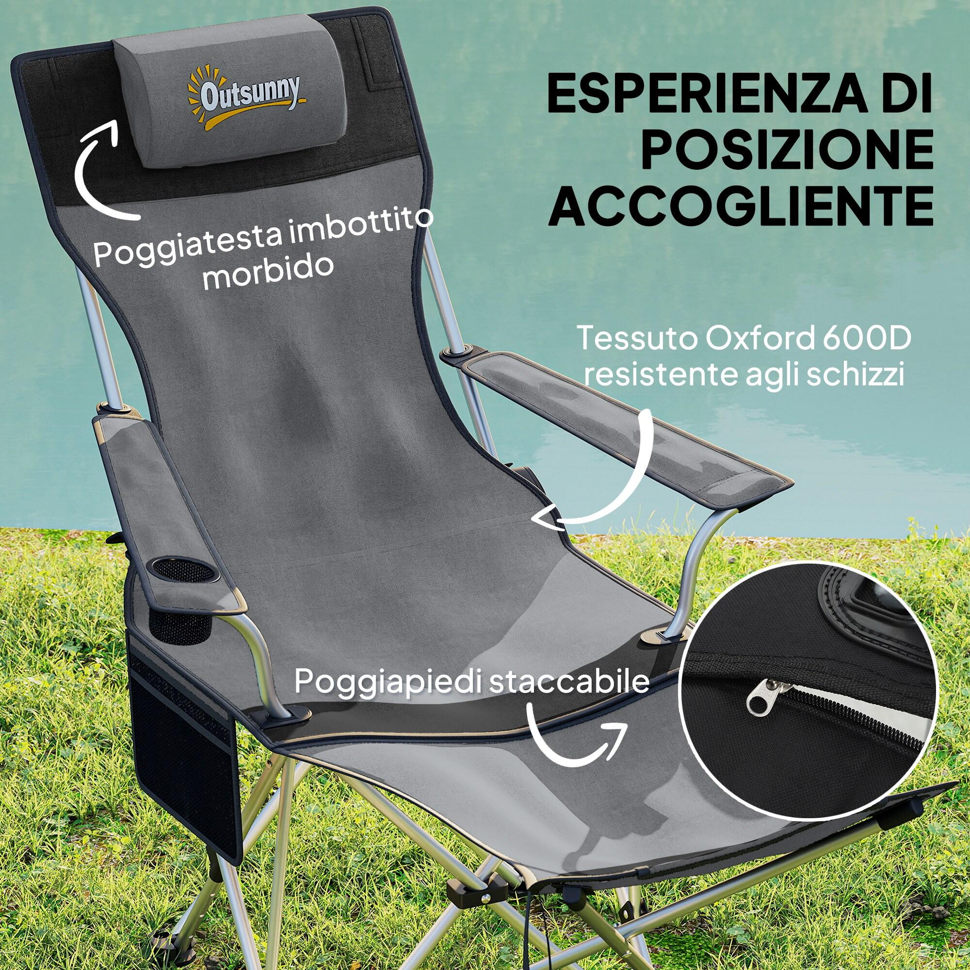 Outsunny Set 2 Sedie da Campeggio Pieghevoli Poggiapiedi e Portabicchieri Grigio 4/7