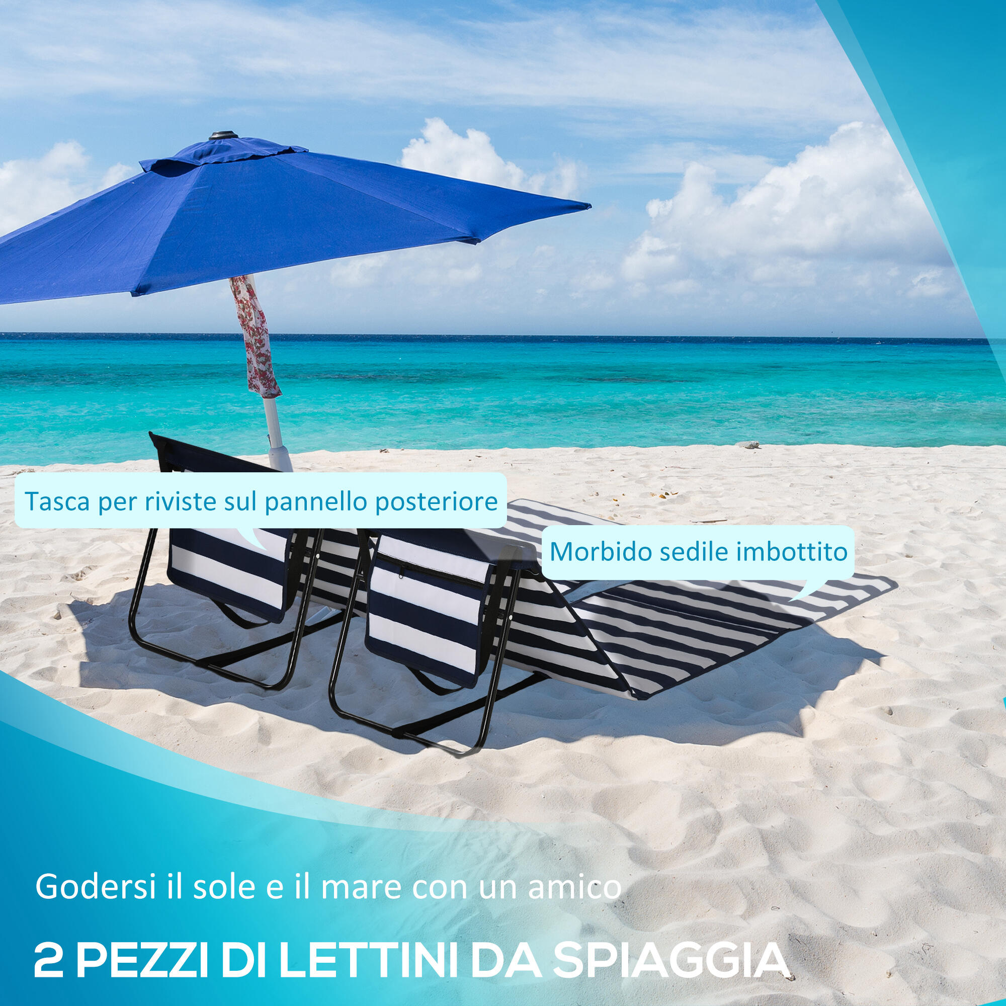 Outsunny Set 2 Sdraio da Spiaggia Pieghevoli ad Angolo Regolabile Multicolore 4/7
