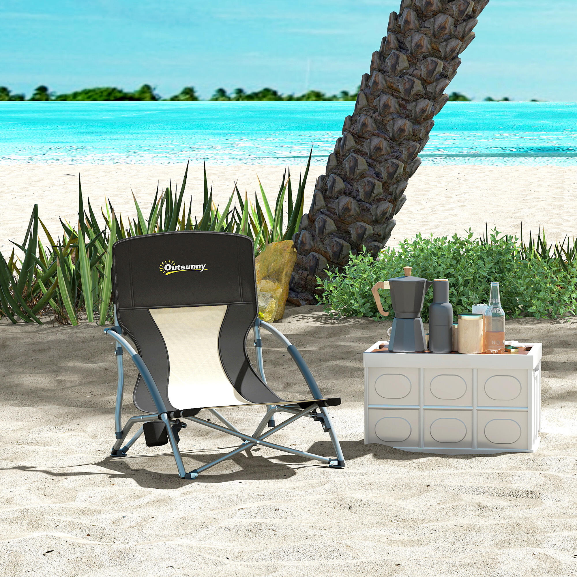 Outsunny Sedia da Spiaggia Pieghevole con Braccioli e Borsa Nero 2/7