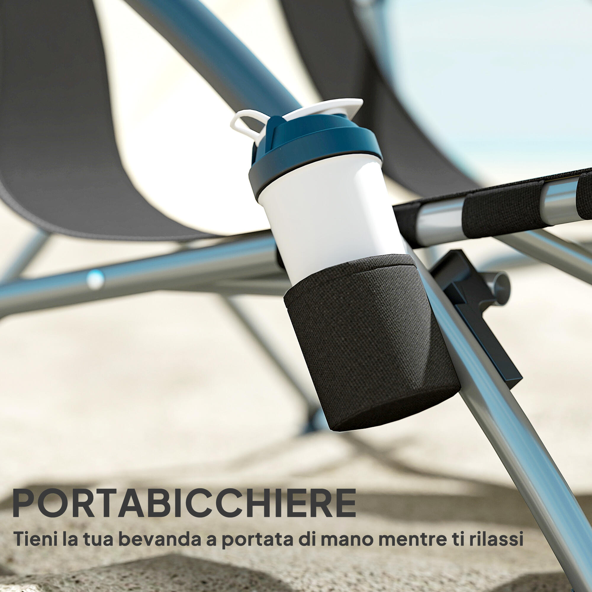 Outsunny Sedia da Spiaggia Pieghevole con Braccioli e Borsa Nero 6/7