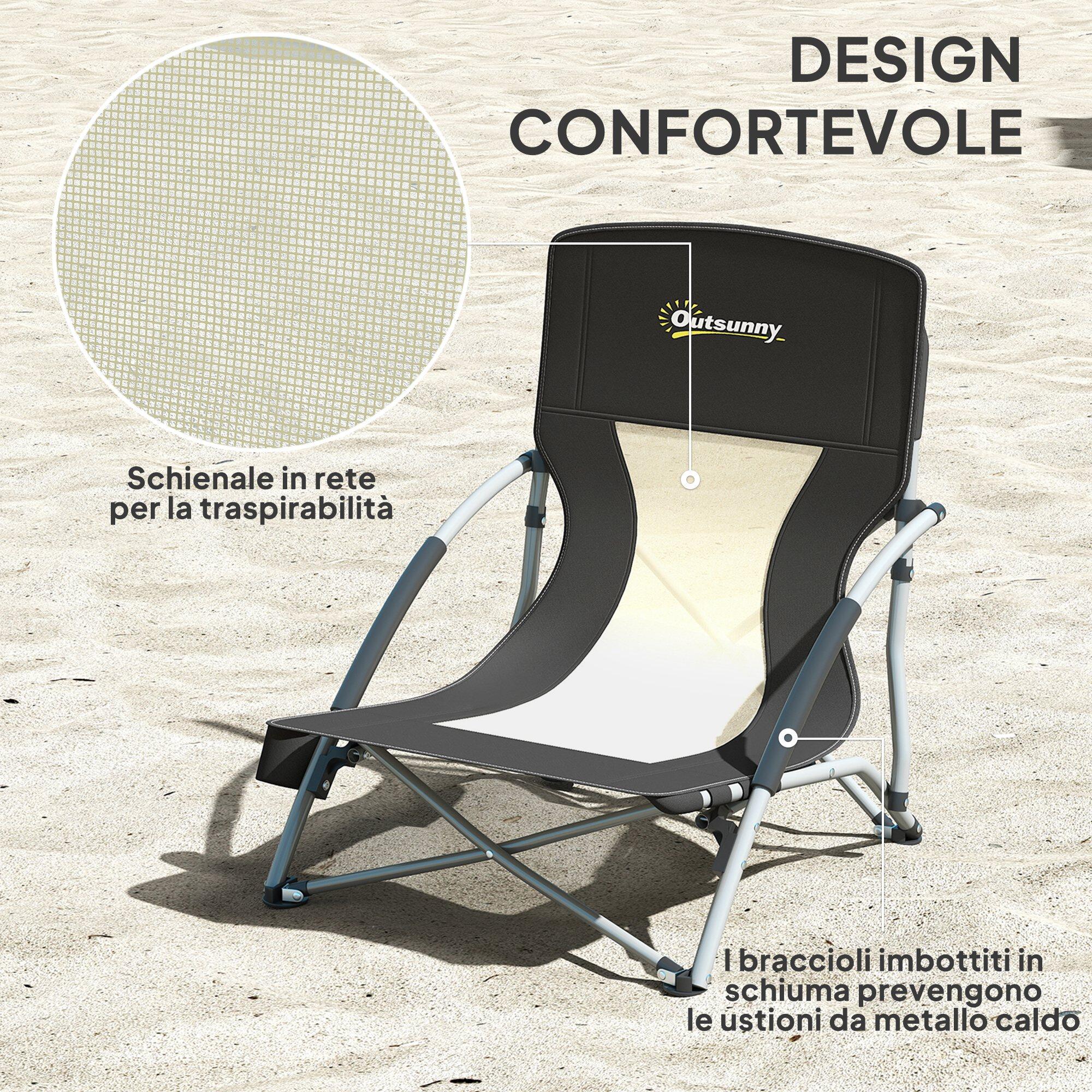 Outsunny Sedia da Spiaggia Pieghevole con Braccioli e Borsa Nero 5/7