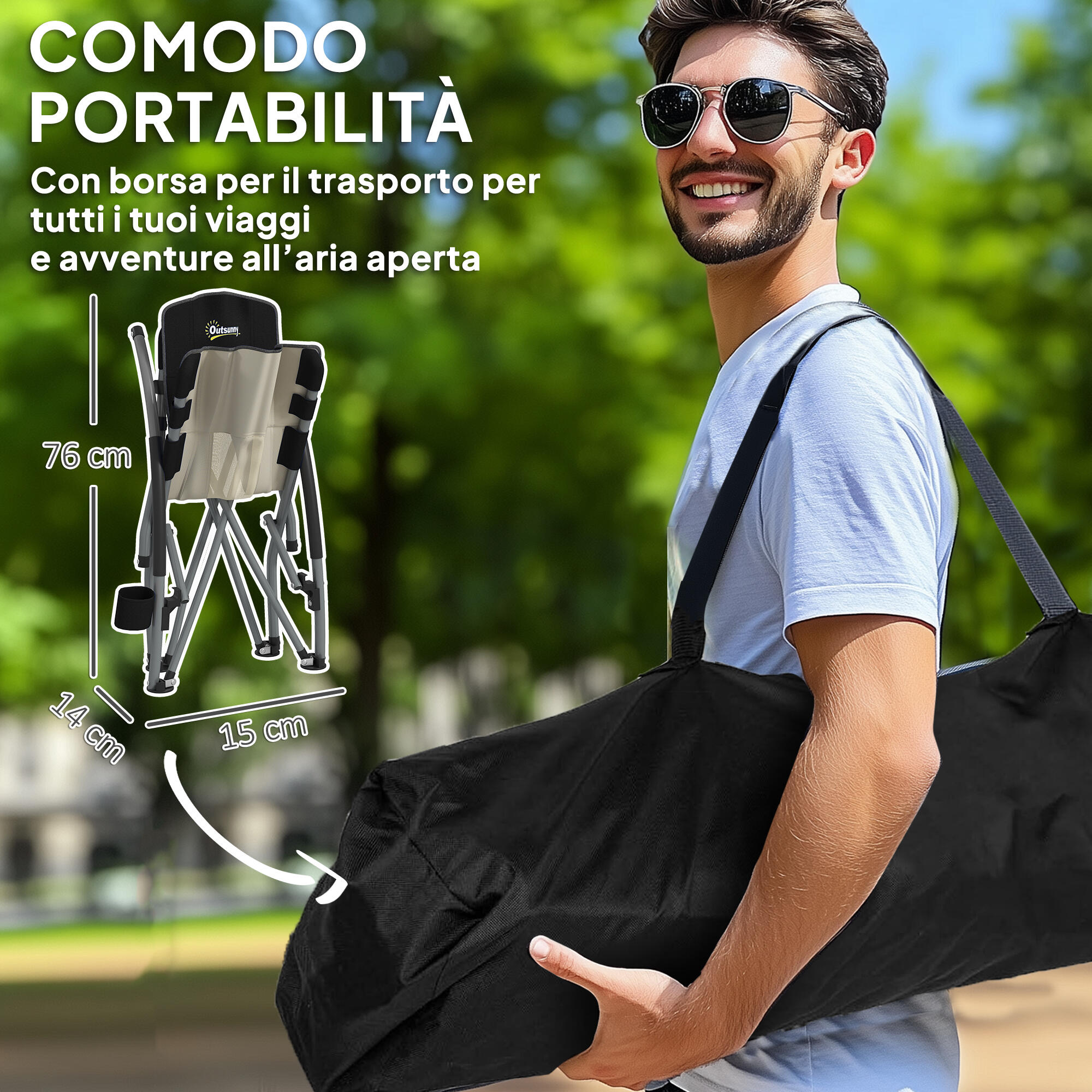 Outsunny Sedia da Spiaggia Pieghevole con Braccioli e Borsa Nero 4/7