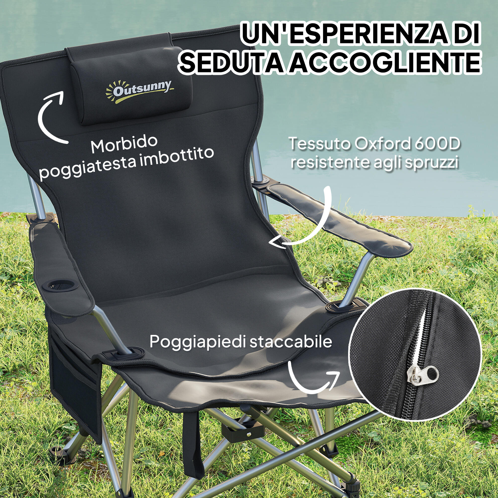 Outsunny Sedia da Campeggio Pieghevole Poggiapiedi Rimovibile Poggiatesta Nero 4/7