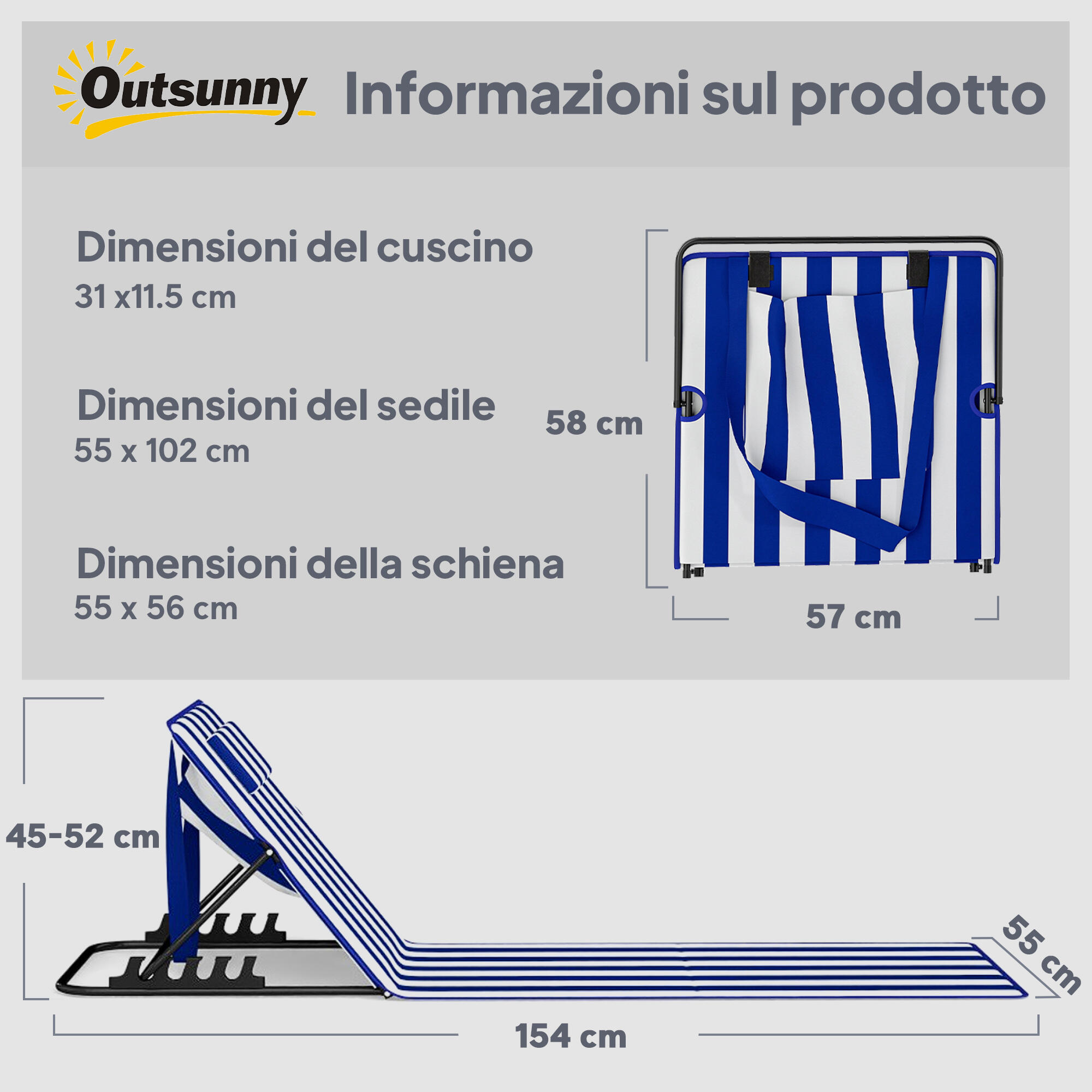 Outsunny Set 2 Lettini Spiaggia Pieghevoli, Schienale Regolabile, Blu e Bianco 3/7