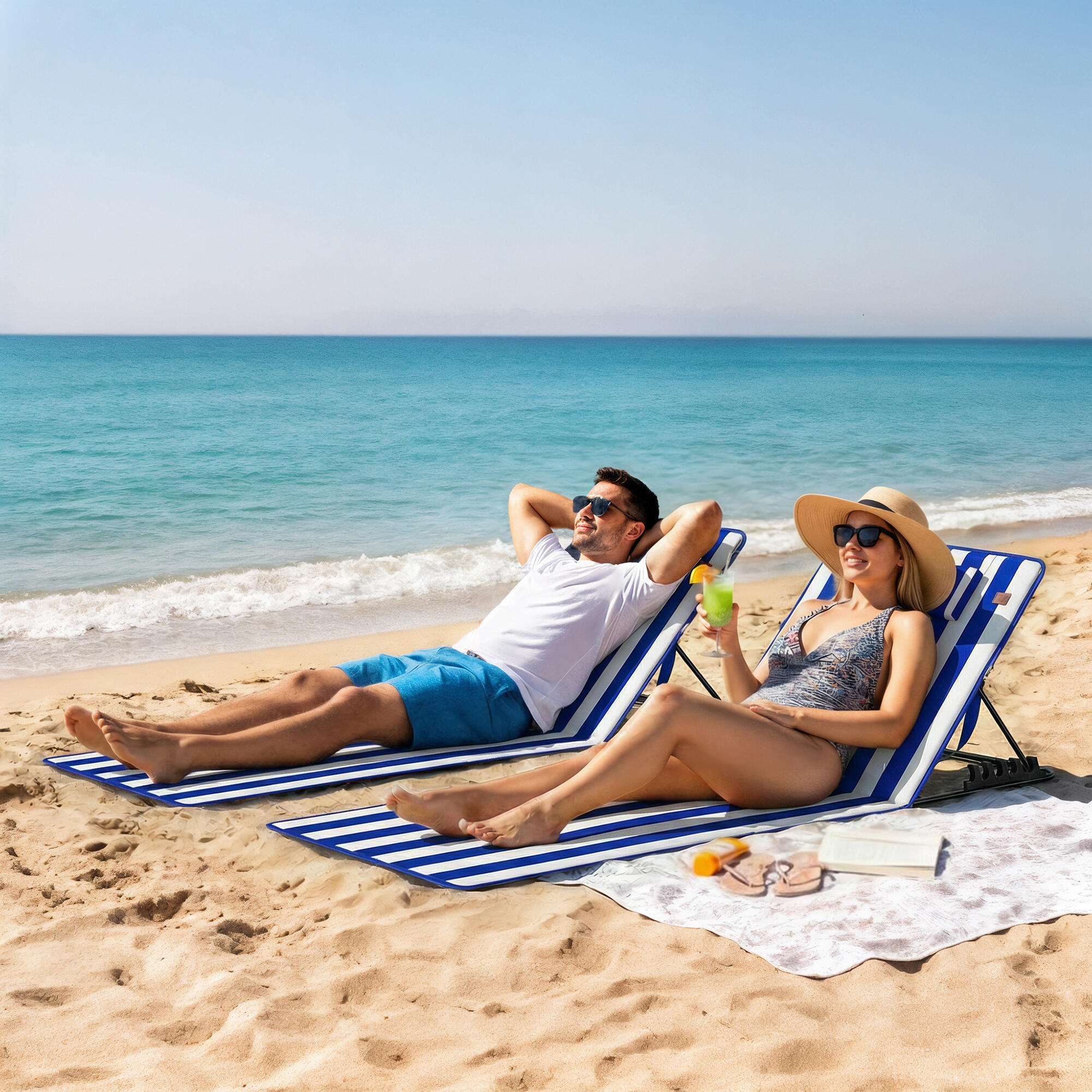 Outsunny Set 2 Lettini Spiaggia Pieghevoli, Schienale Regolabile, Blu e Bianco 2/7