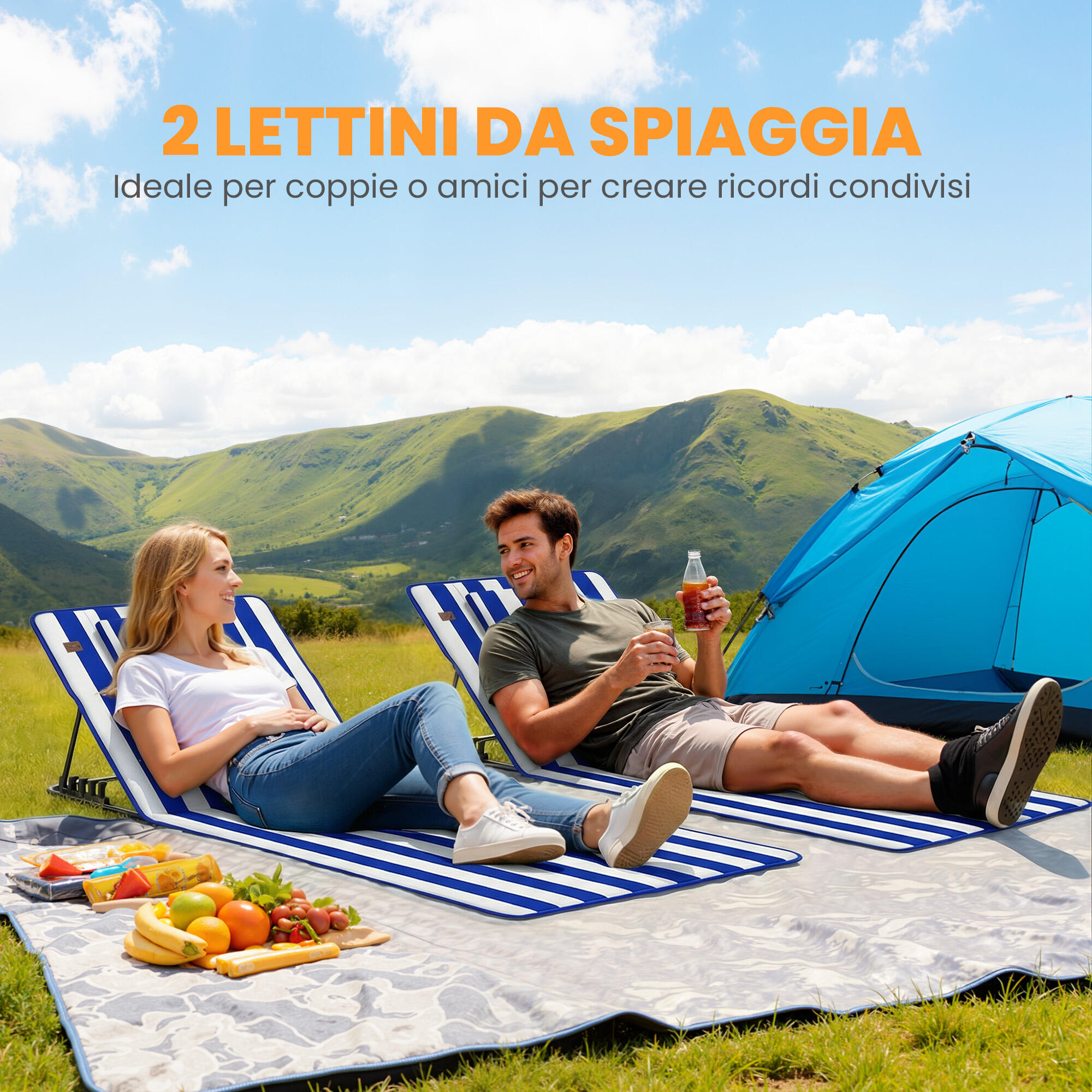 Outsunny Set 2 Lettini Spiaggia Pieghevoli, Schienale Regolabile, Blu e Bianco 5/7