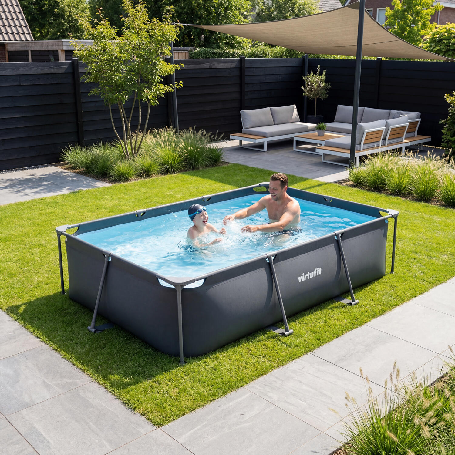 Piscine - Rectangulaire - 300 x 210 x 66 cm - Anthracite - Avec Pompe de Filtrat 2/8
