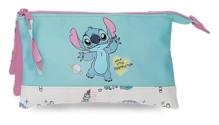Estuche tres compartimentos Stitch Little Destruction Turquesa