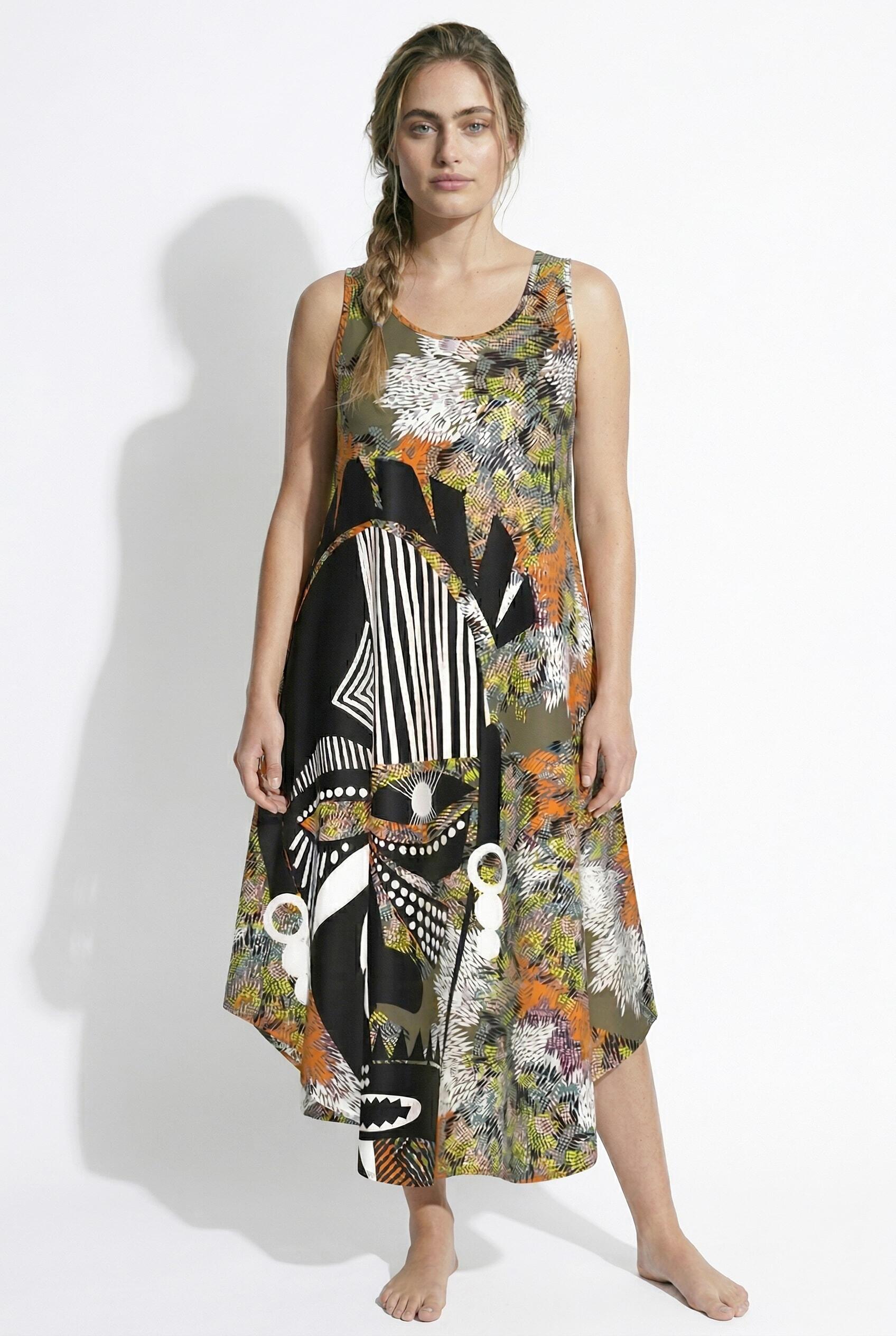 Femme Robe midi sans manches motif masque décolleté rond et coupe évasée 5/7