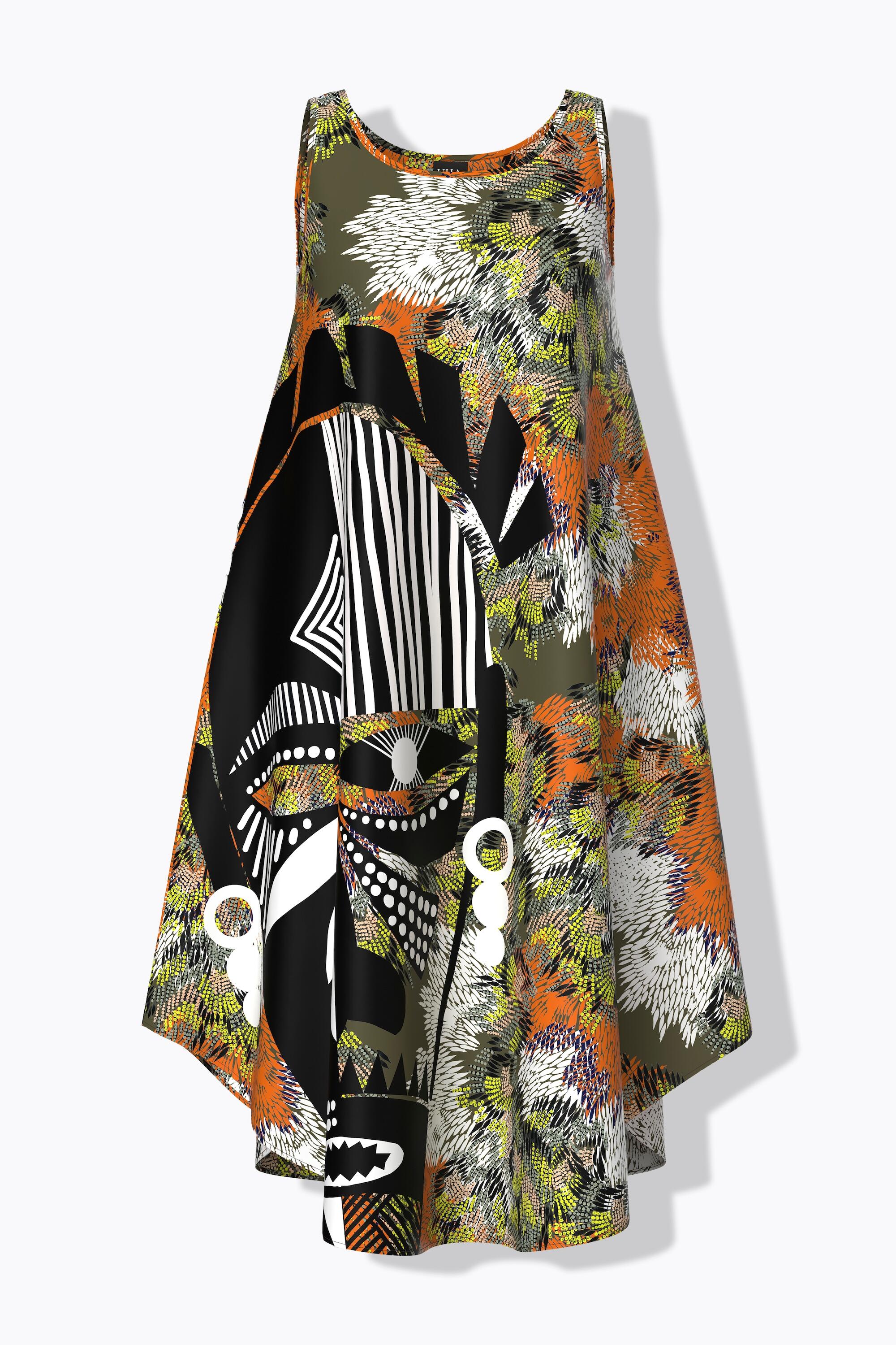 Damen Midikleid Maske A-Linie Rundhals ärmellos 6/7
