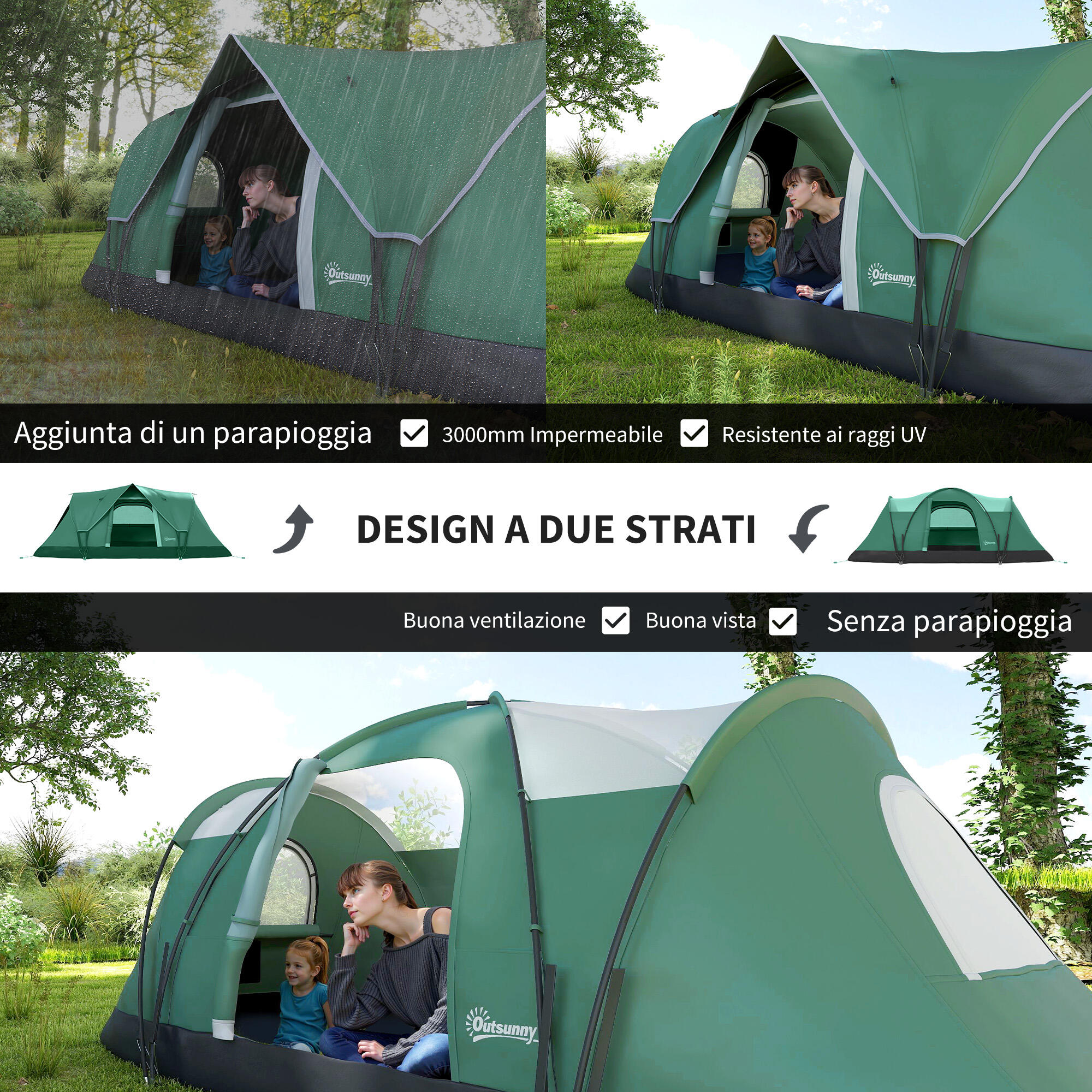 Outsunny Tenda da Campeggio 6 Posti Idrorepellente 4.55x2.3x1.8m Verde 4/8