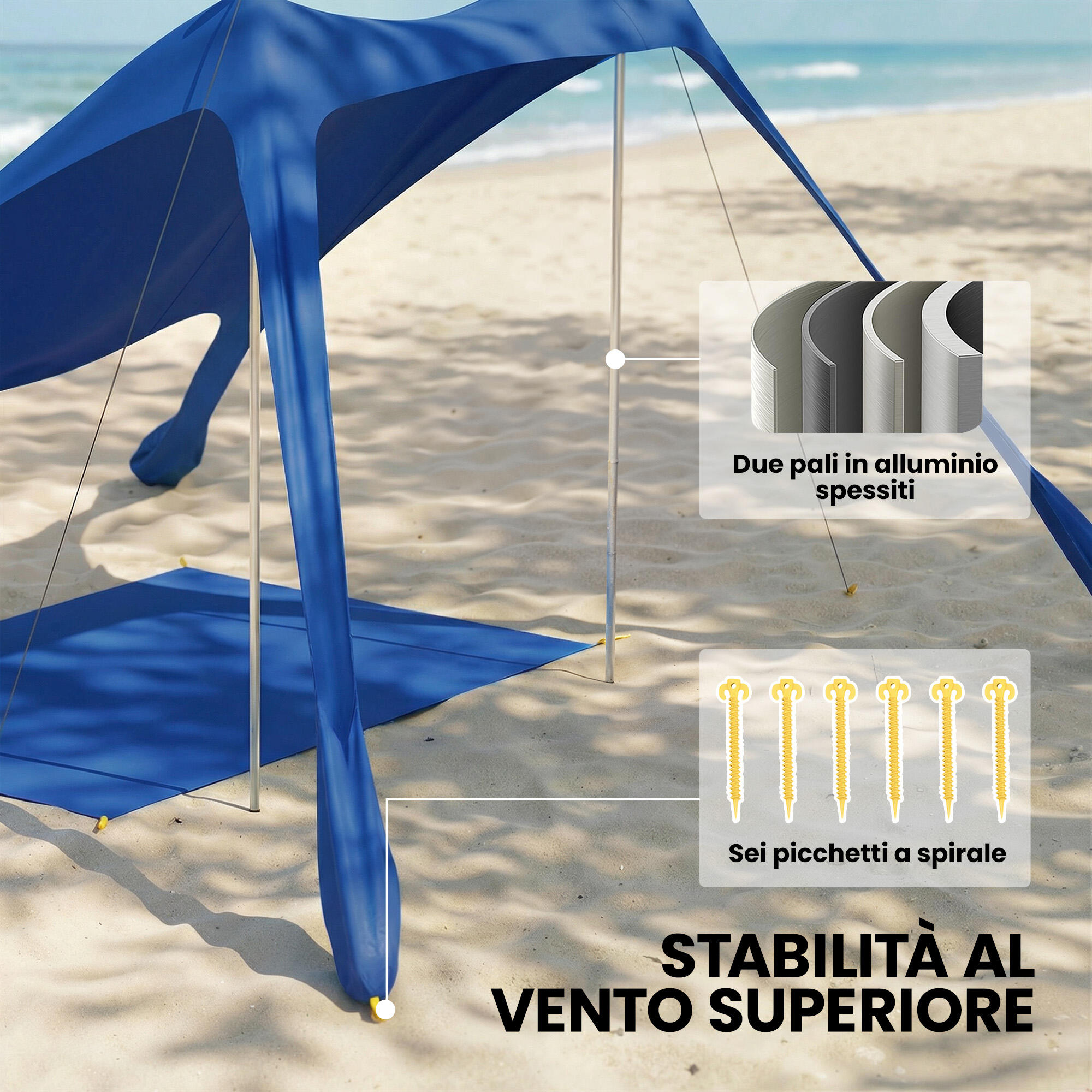Outsunny Tenda da Spiaggia UPF50+ per 2-4 Persone 208x200 cm Blu 6/7