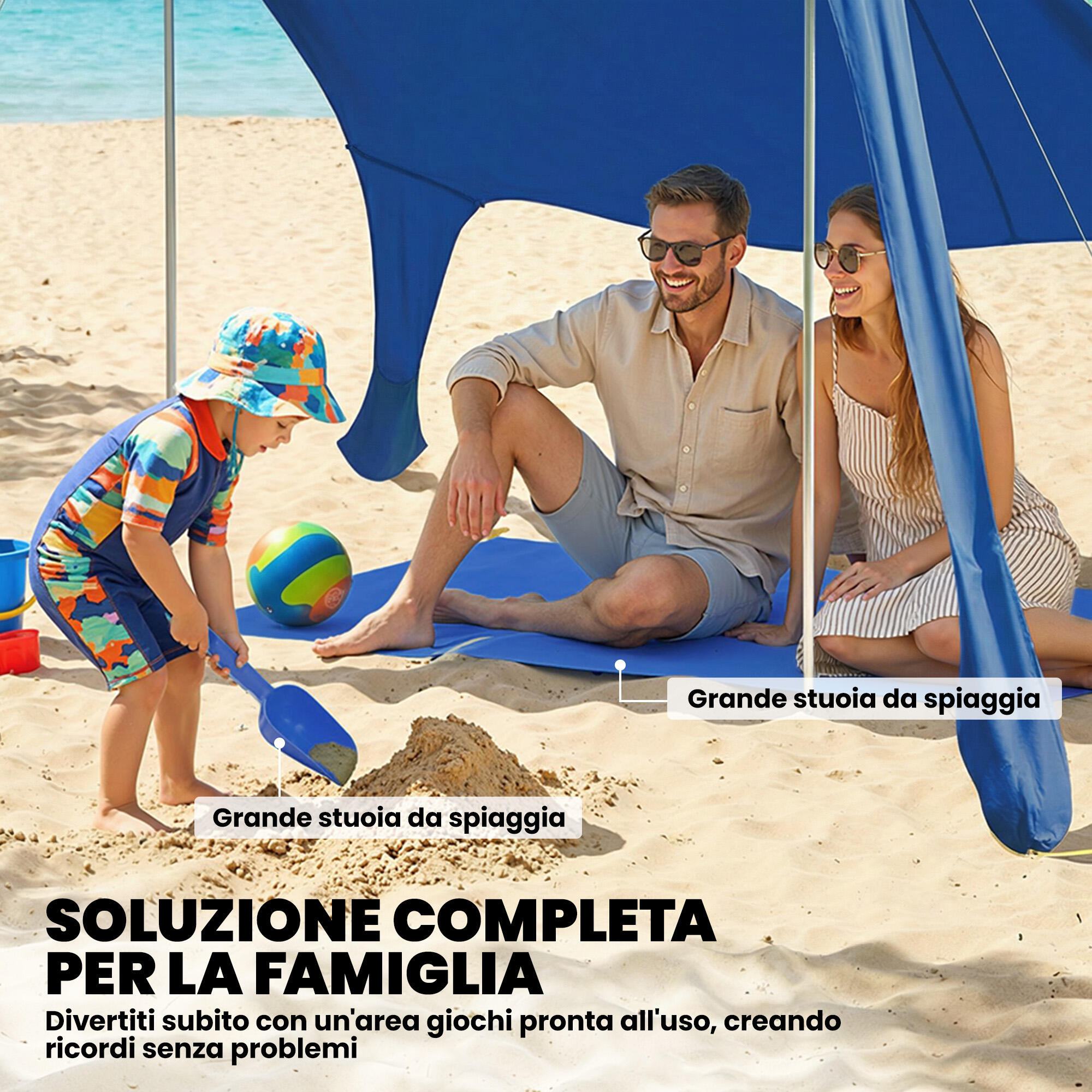 Outsunny Tenda da Spiaggia UPF50+ per 2-4 Persone 208x200 cm Blu 5/7