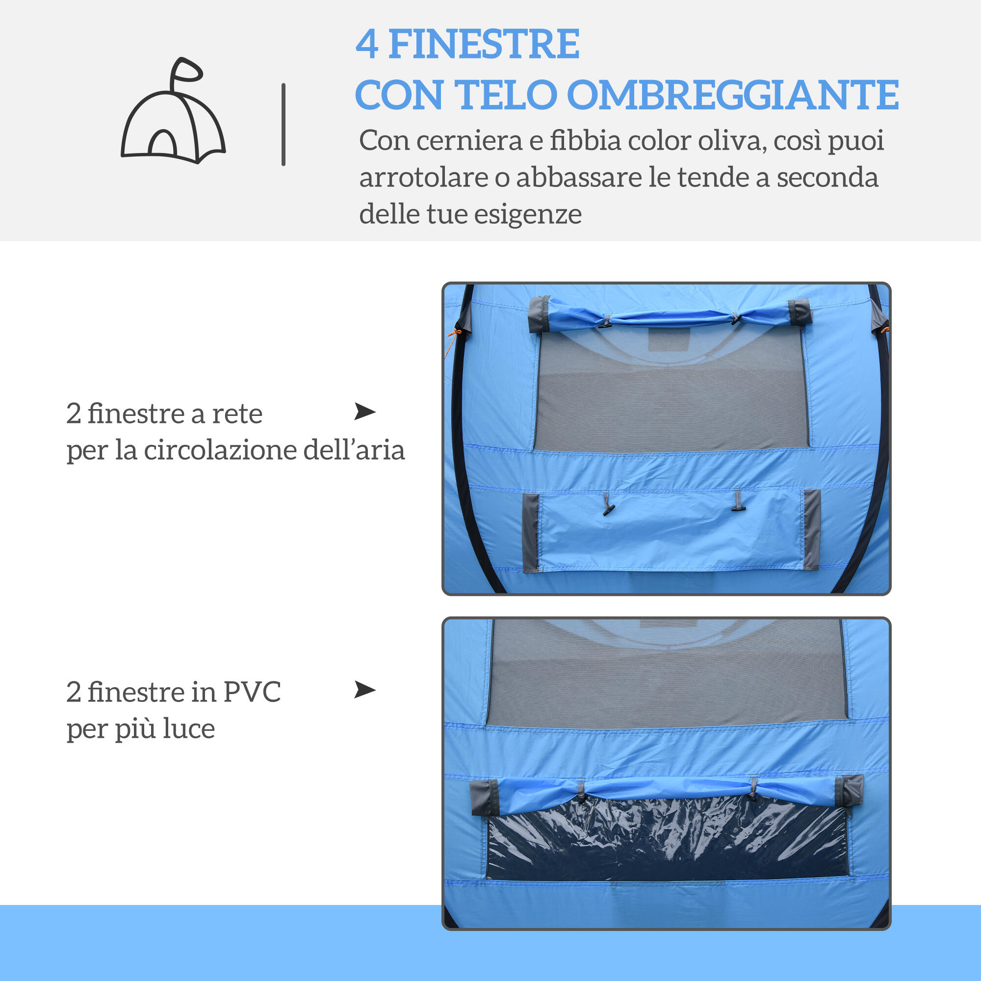 Outsunny Tenda da Campeggio 2 Posti Impermeabile 2 Porte e 4 Finestre Blu 6/7