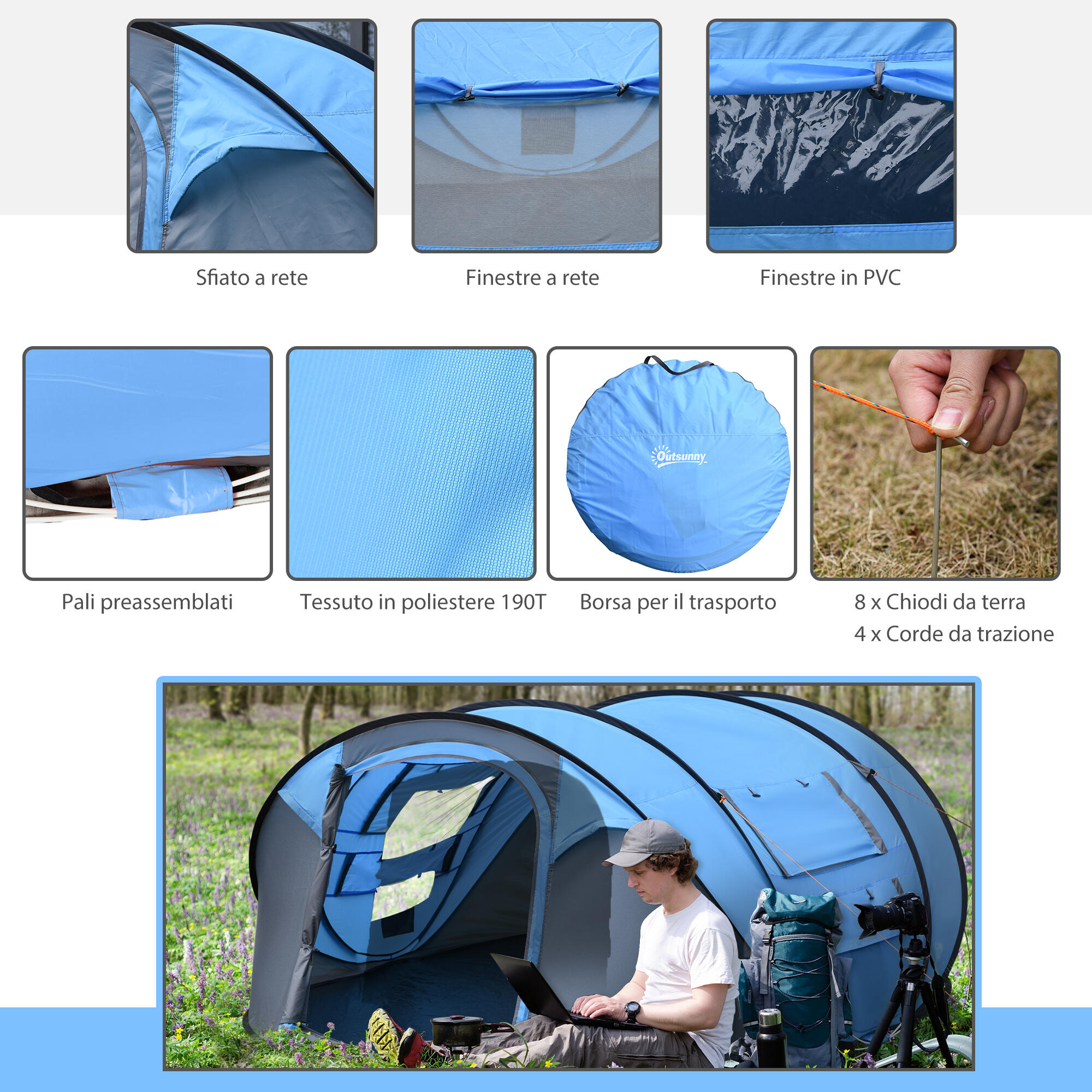 Outsunny Tenda da Campeggio 2 Posti Impermeabile 2 Porte e 4 Finestre Blu 7/7