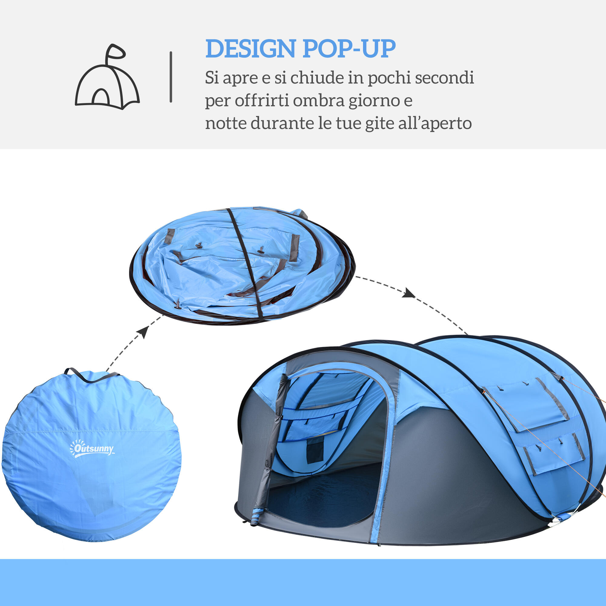 Outsunny Tenda da Campeggio 2 Posti Impermeabile 2 Porte e 4 Finestre Blu 4/7