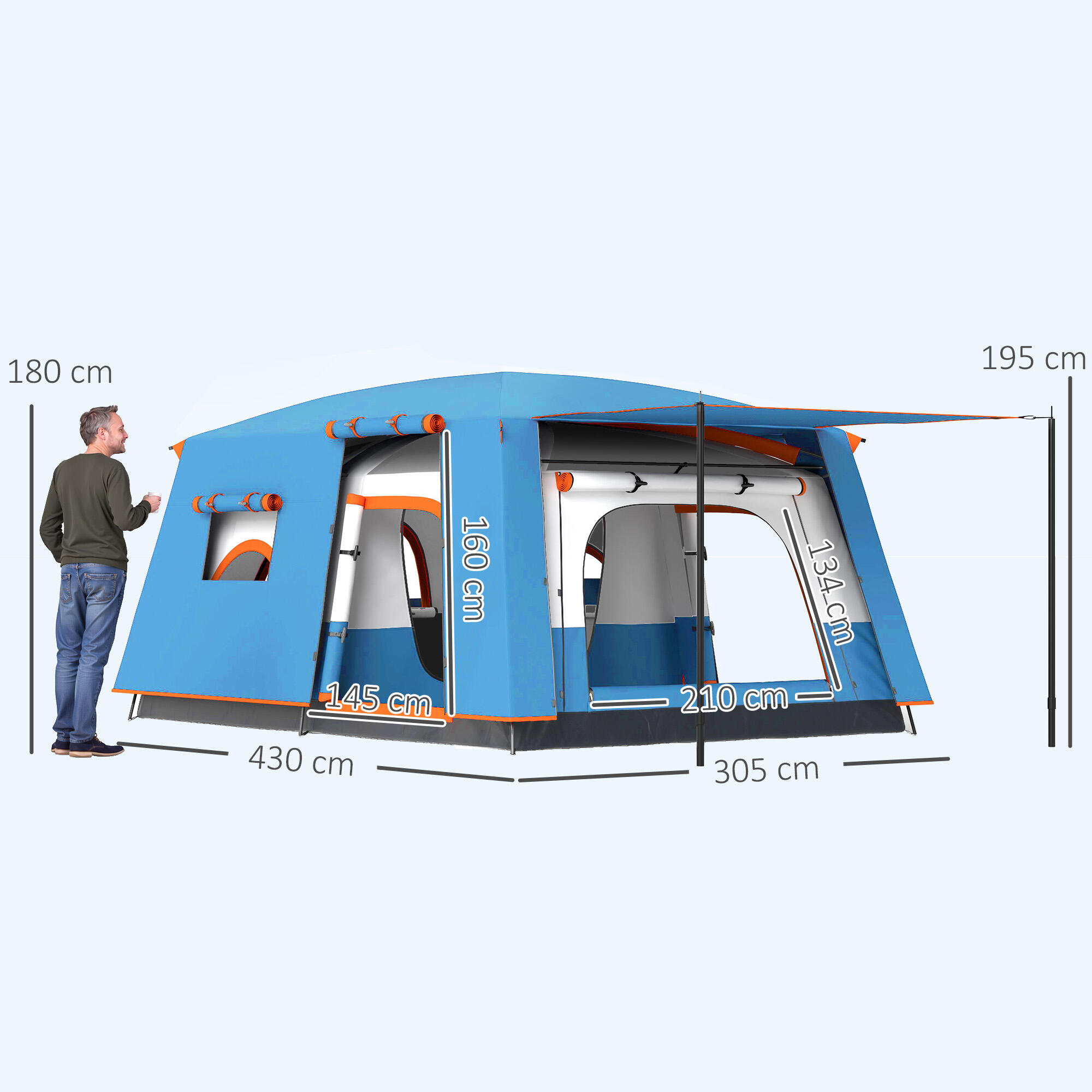 Outsunny Tenda da Campeggio 4-6 Persone con 2 Stanze e Veranda UPF30+ Blu 3/8