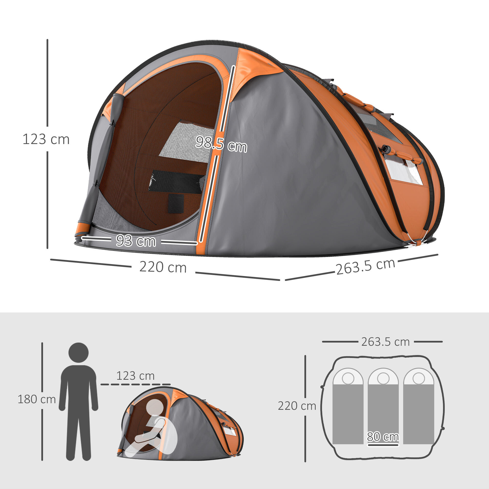 Outsunny Tenda da Campeggio 2 Posti Impermeabile 2 Porte e 4 Finestre Arancio 3/8