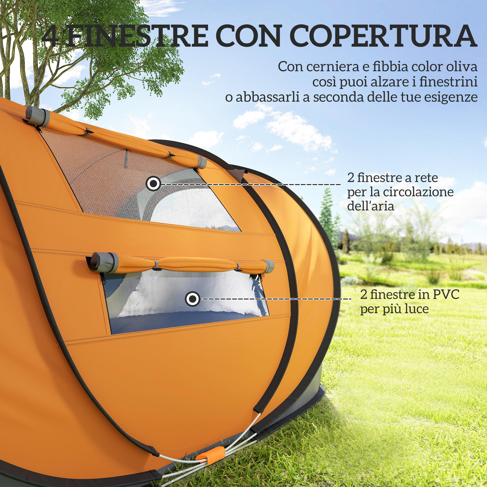 Outsunny Tenda da Campeggio 2 Posti Impermeabile 2 Porte e 4 Finestre Arancio 6/8