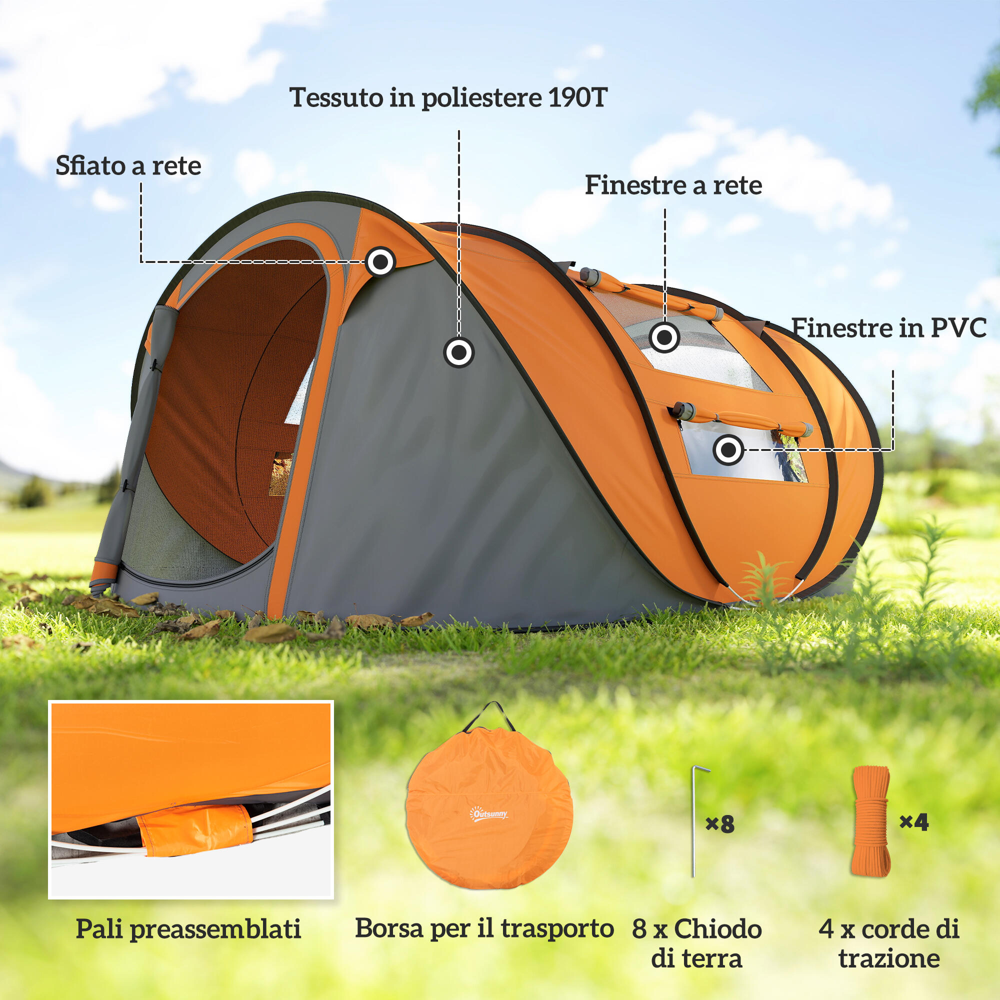 Outsunny Tenda da Campeggio 2 Posti Impermeabile 2 Porte e 4 Finestre Arancio 7/8