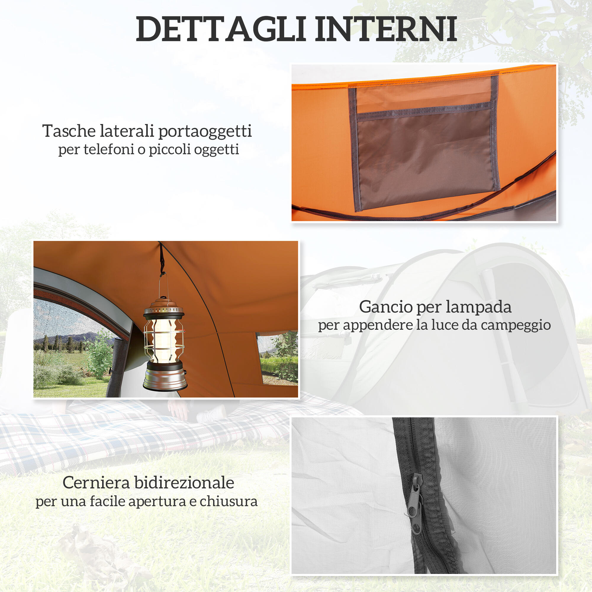Outsunny Tenda da Campeggio 2 Posti Impermeabile 2 Porte e 4 Finestre Arancio 5/8