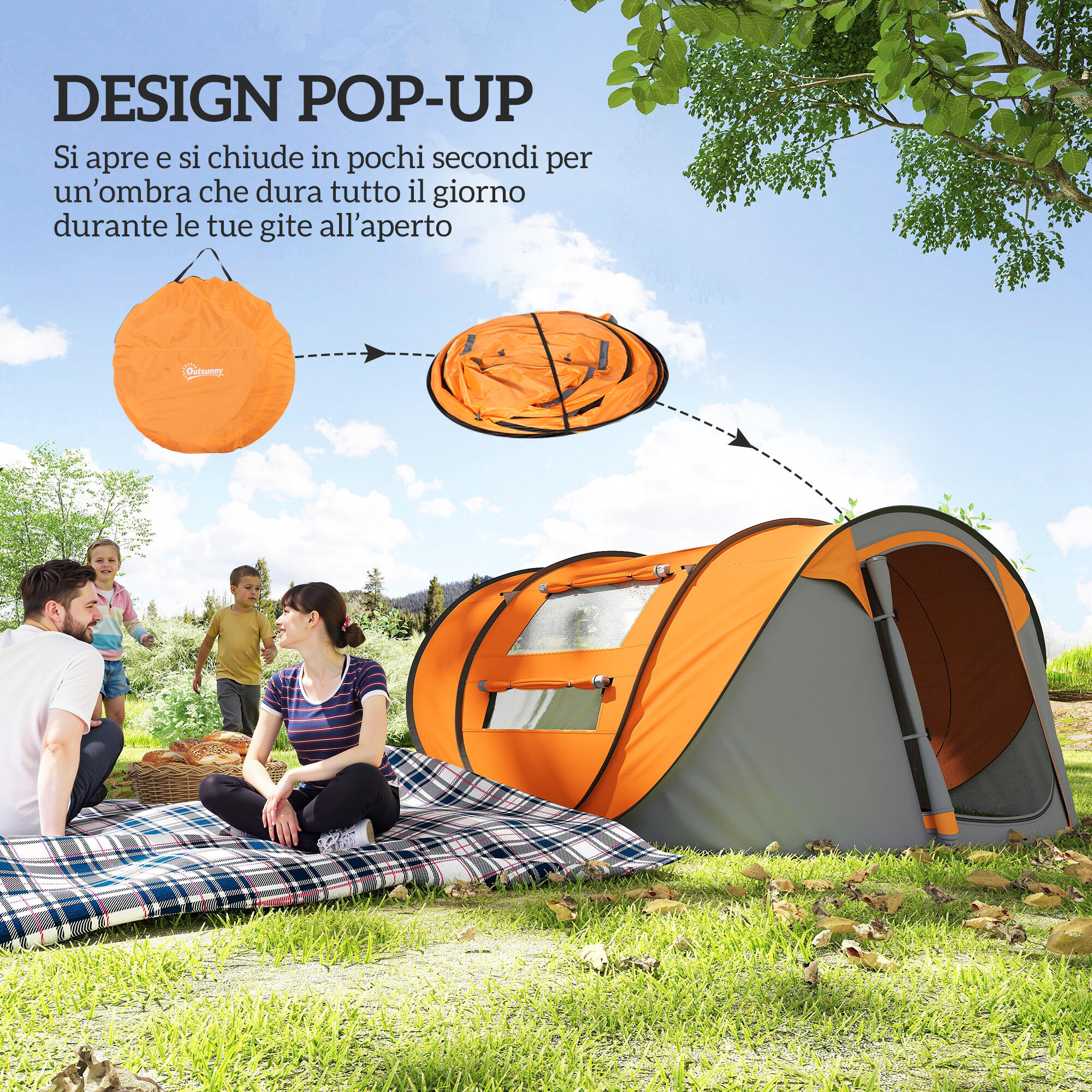 Outsunny Tenda da Campeggio 2 Posti Impermeabile 2 Porte e 4 Finestre Arancio 4/8