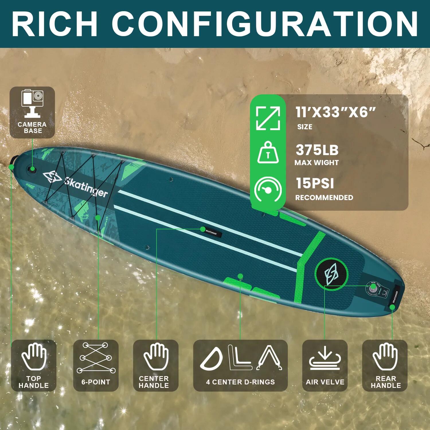 SKATINGER Ice Age Groen 335x84x15 cm (11') touring SUP board 5/6